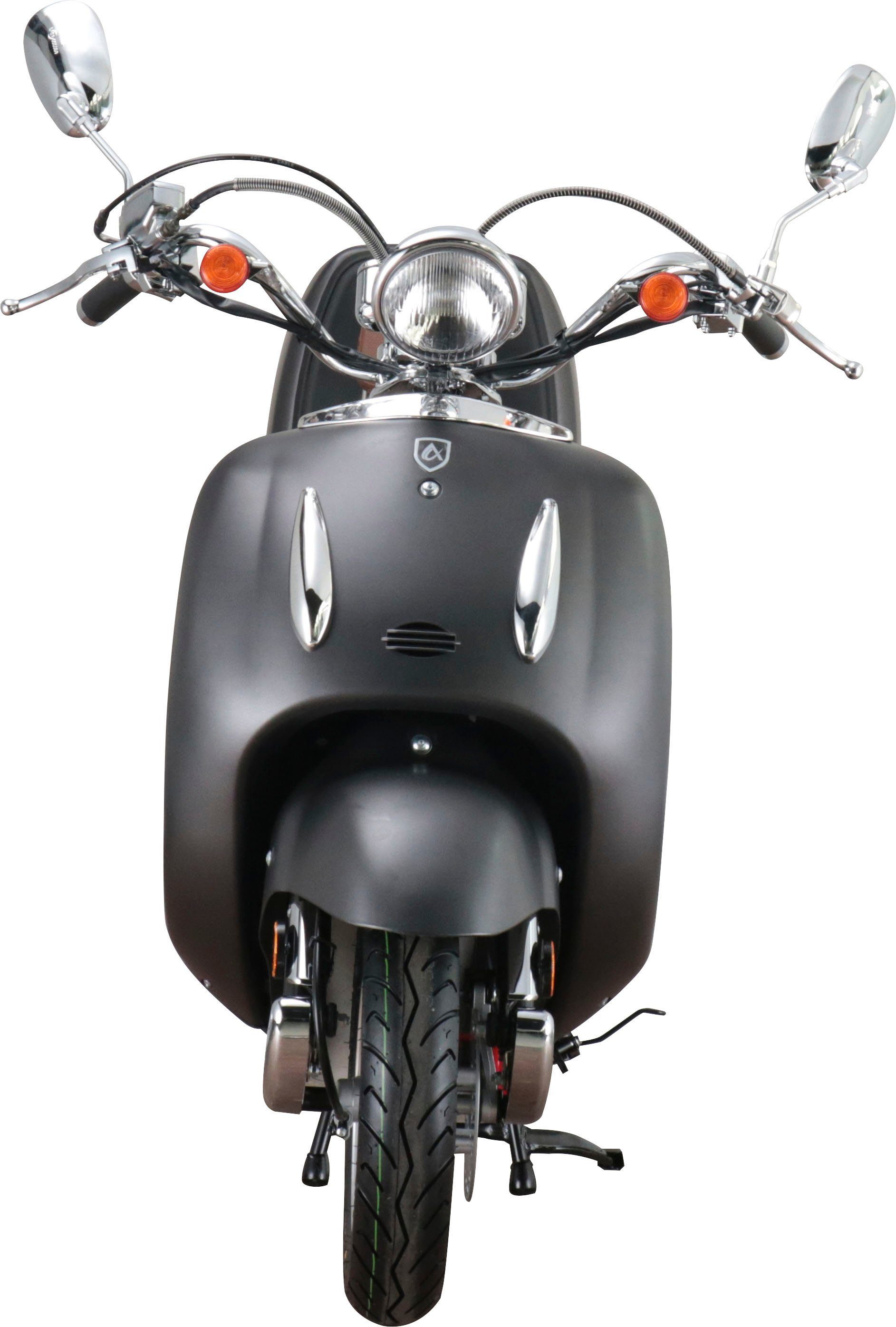 Alpha Motors Motorroller Retro | mattschwarz inkl. Firenze, 45 ccm, km/h, Euro 5, 50 braun Topcase