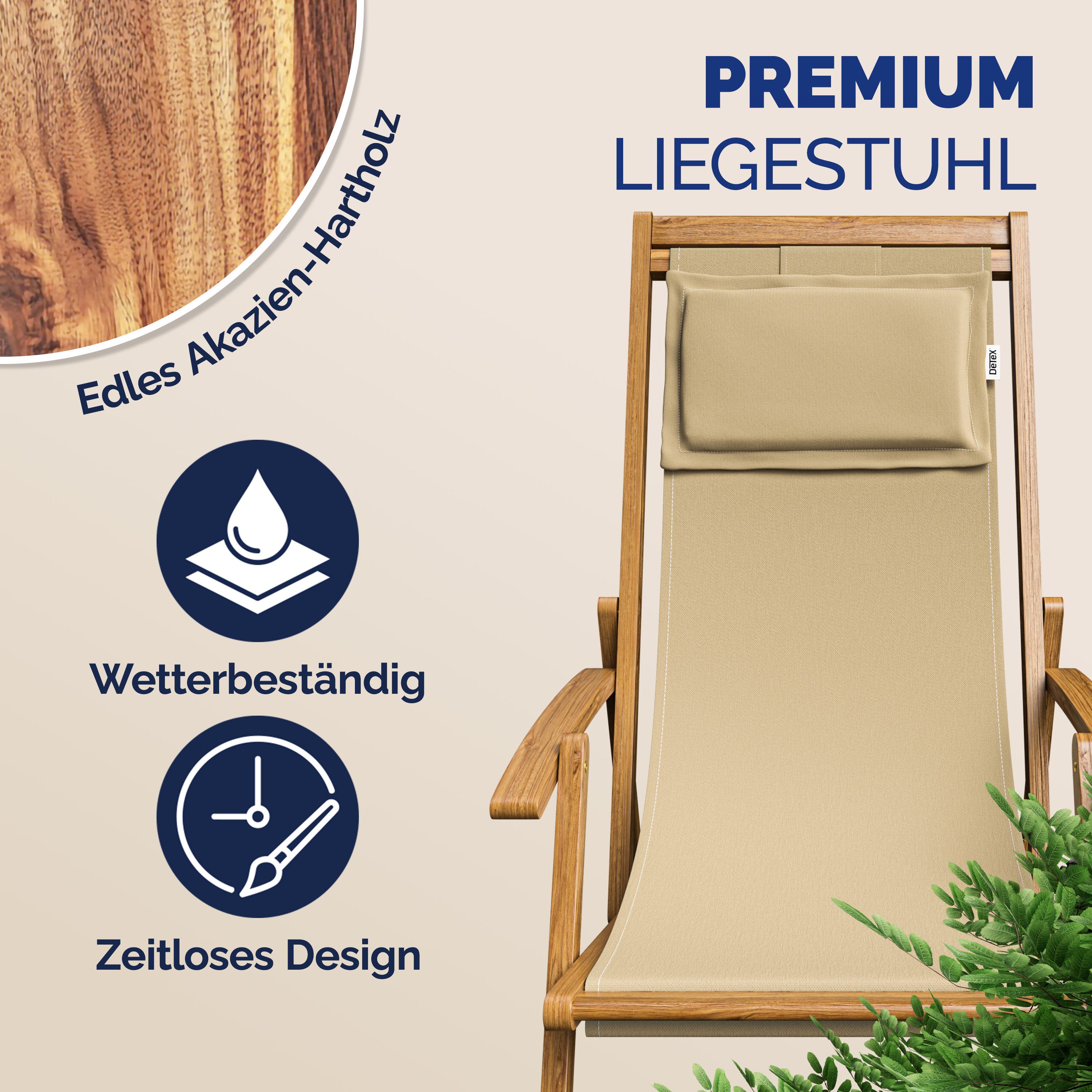Casaria Gartenliege Beige, 160kg Belastbar Armlehne Nackenkissen Klappbar Verstellbar