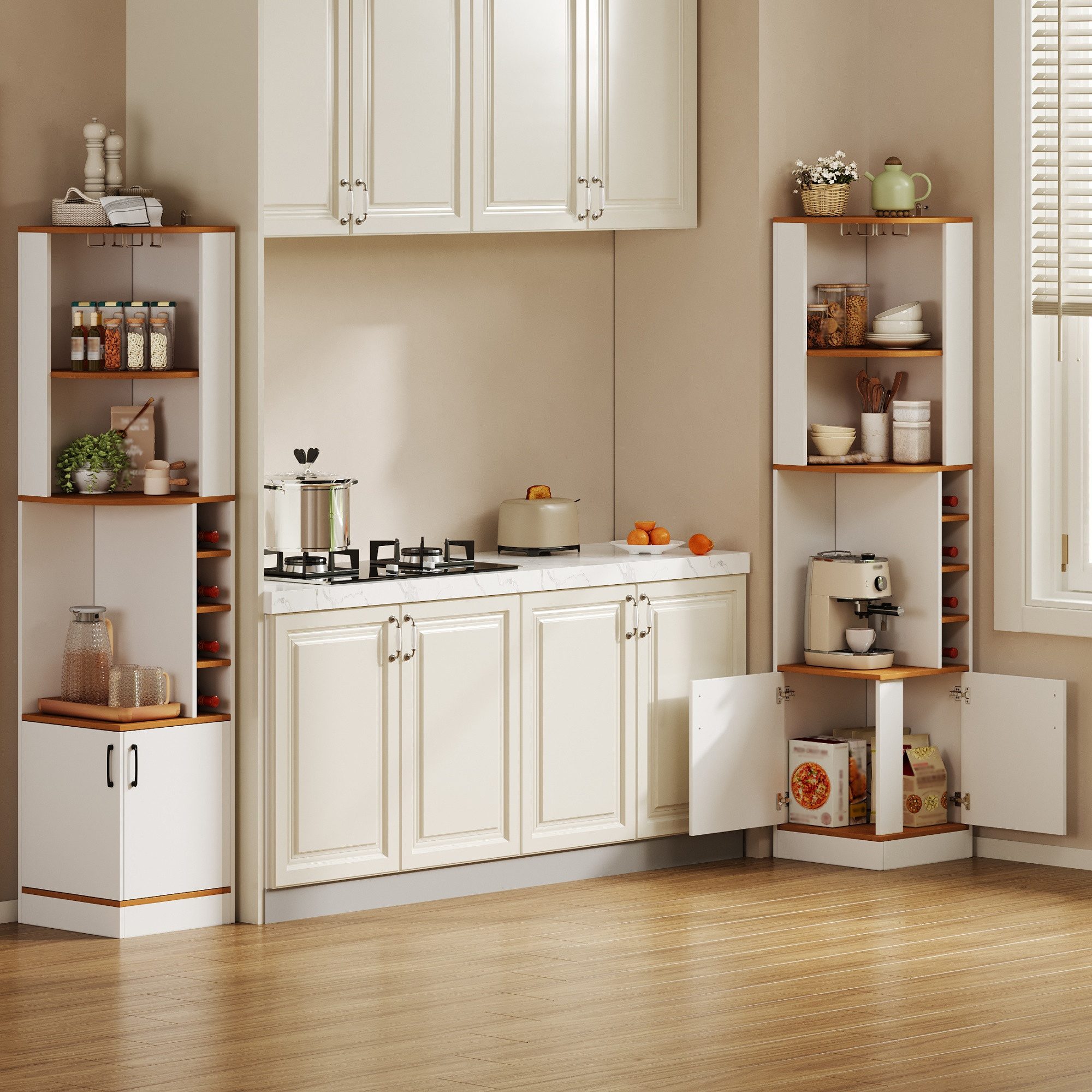 HAUSS SPOLE Eckvitrine mit Weinglasregal,freistehend Bartheke Hochschrank 40×40×182cm,Weiß (Wohnzimmerschrank mit geschlossenem Unterschrank und offenen Regalfächern für Esszimmer, Küche und Wohnzimmer) Bücherregal Beistellschrank mit Edelstahl-Weinglashalter
