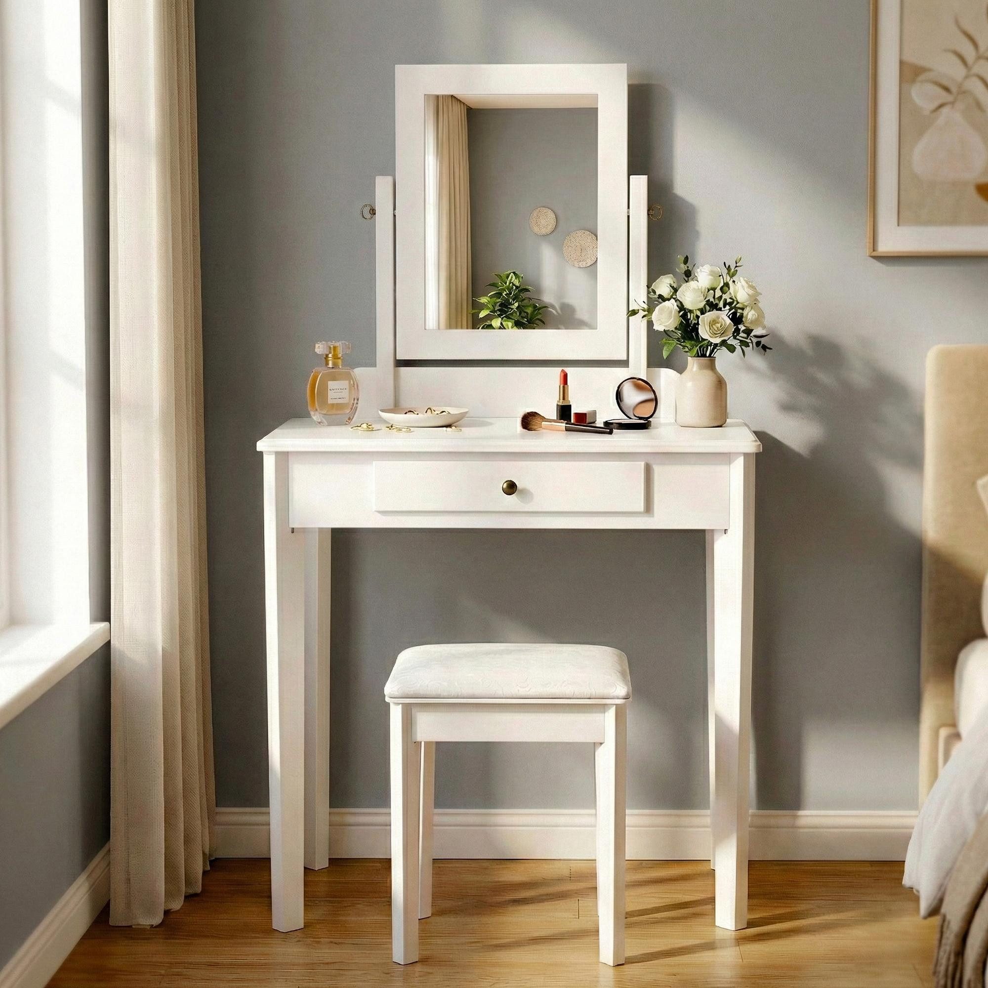 CLP Schminktisch Velia (1er), mit Schublade, Hocker und drehbarem Spiegel