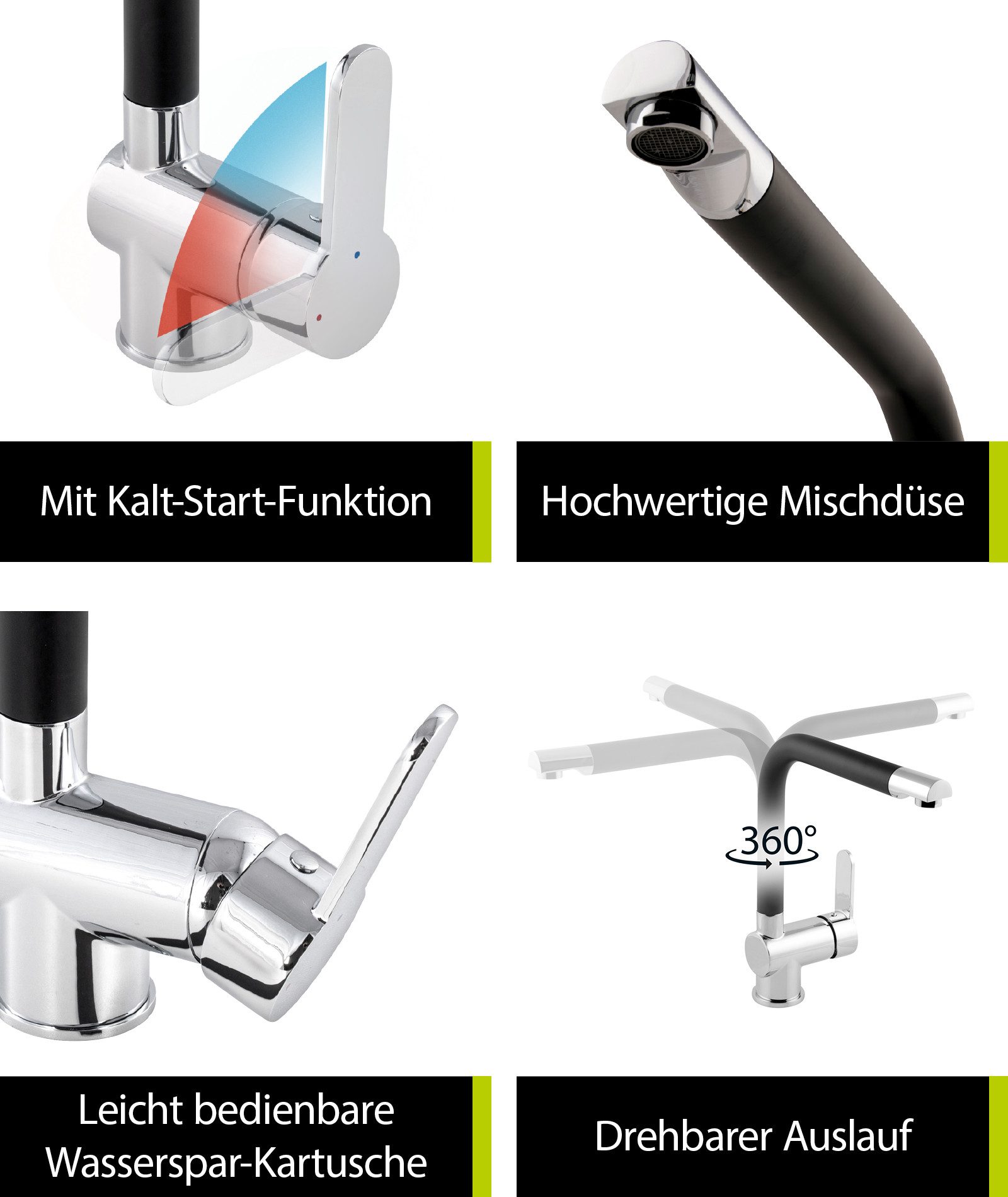 aquaSu Spültischarmatur Sanmix Style schwenkbar, Schwarz-Chrom, Kaltstart-Funktion, Wassersparkartusche