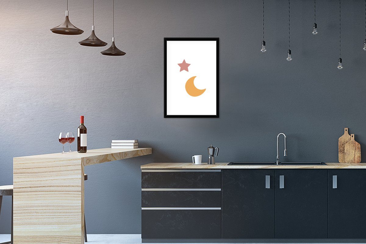 MuchoWow Poster Mond - Stern - Kinder - Boho, (1 St), mit Rahmen, Kunstdruck, Gerahmtes Poster, Schwarzem Bilderrahmen