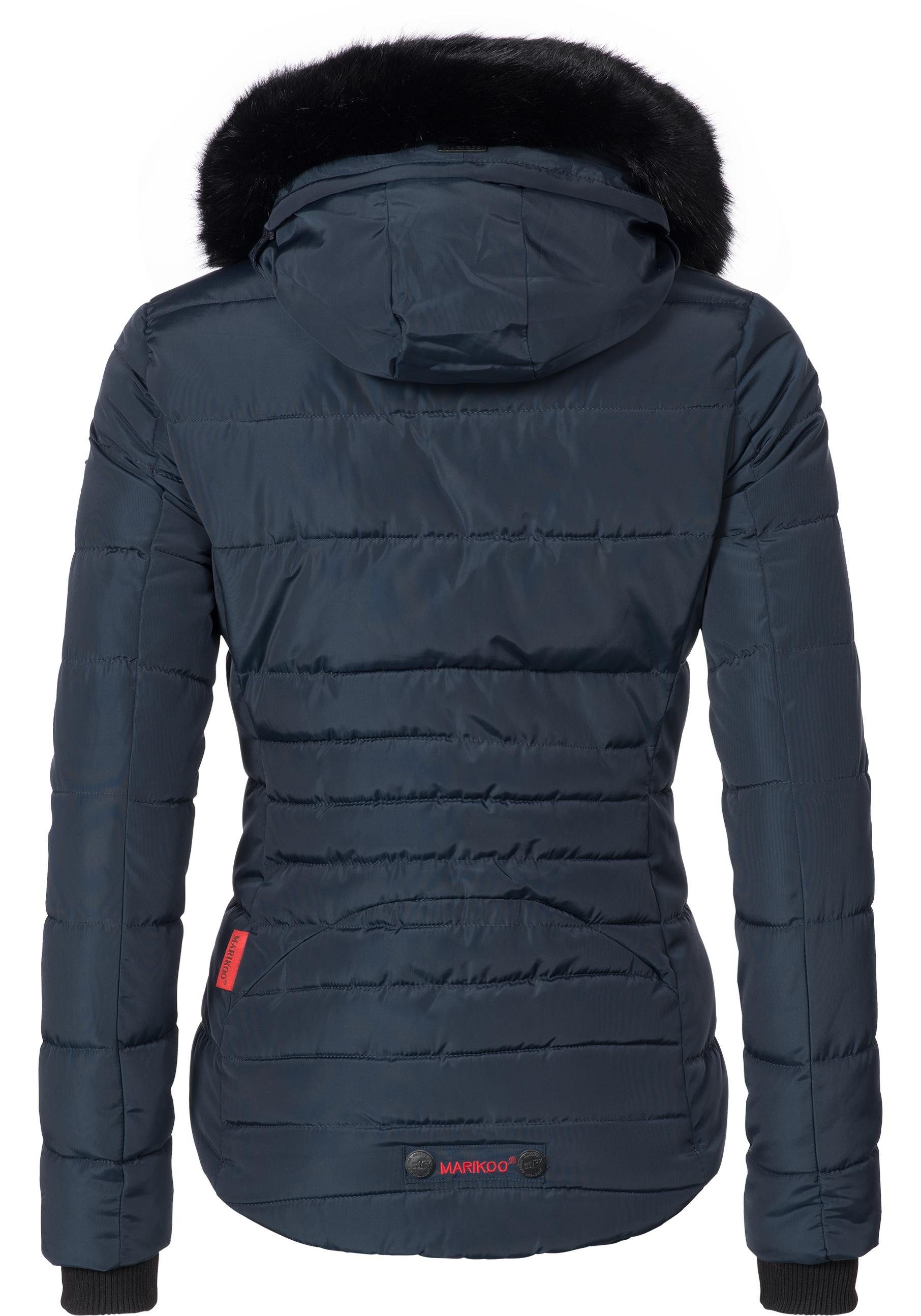 Kapuze blau mit Kunstpelz Marikoo hochwertige Winter Jacke Steppjacke Lotusblüte edler