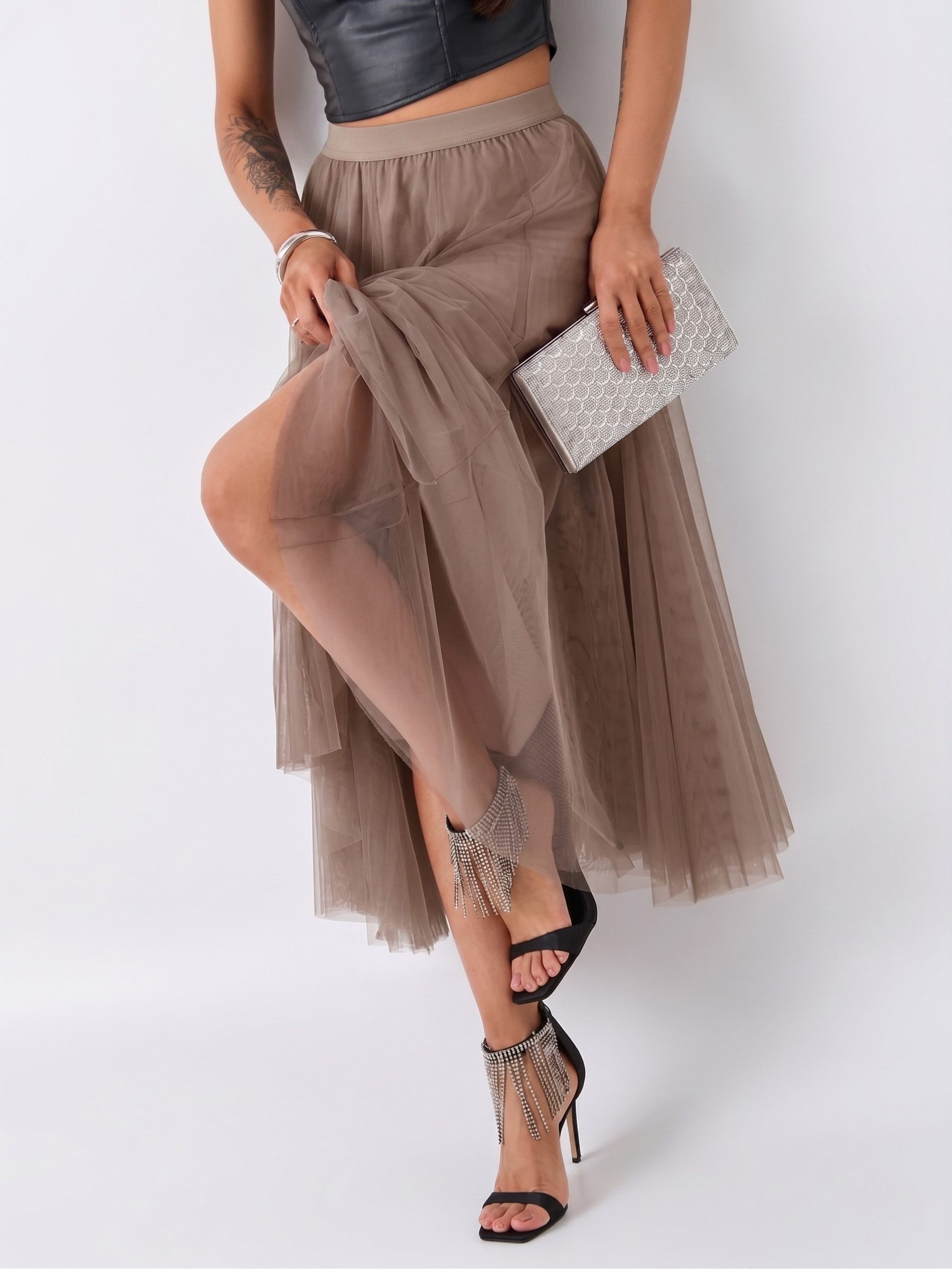 Elegant Love Midirock Damen Tüllrock in A-Linie – Eleganter Faltenrock mit elastischem Bund Midi-Meshrock – fließender Plisseerock mit hohem Bund