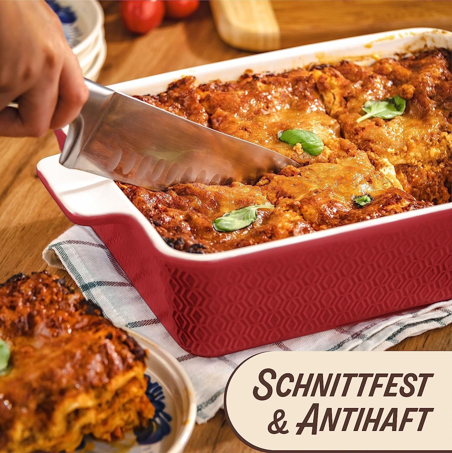 Praknu Auflaufform Auflaufform Rot 28cm Keramik – Backofen 280°C & Mikrowelle, Porzellan - Keramik, (1-St), Für 4 Personen Lasagne, Tiramisu & Auflauf - Hoher Rand - Rechteckig
