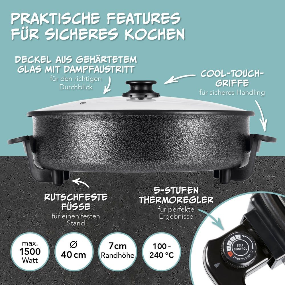 GOURMETmaxx Elektrische Pfanne mit Deckel 1500W schwarz 40cm, 1500 W, für besonders leckere frische Pizza wie aus dem Ofen