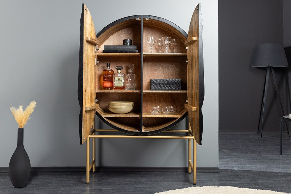 riess-ambiente Highboard LION 140cm schwarz /gold · runder Wohnzimmer-Schrank aus Massivholz (Einzelartikel, 1 St), 3D Schnitzerei · Löwenkopf-Design · handmade · 2 Türen & 6 Fächer
