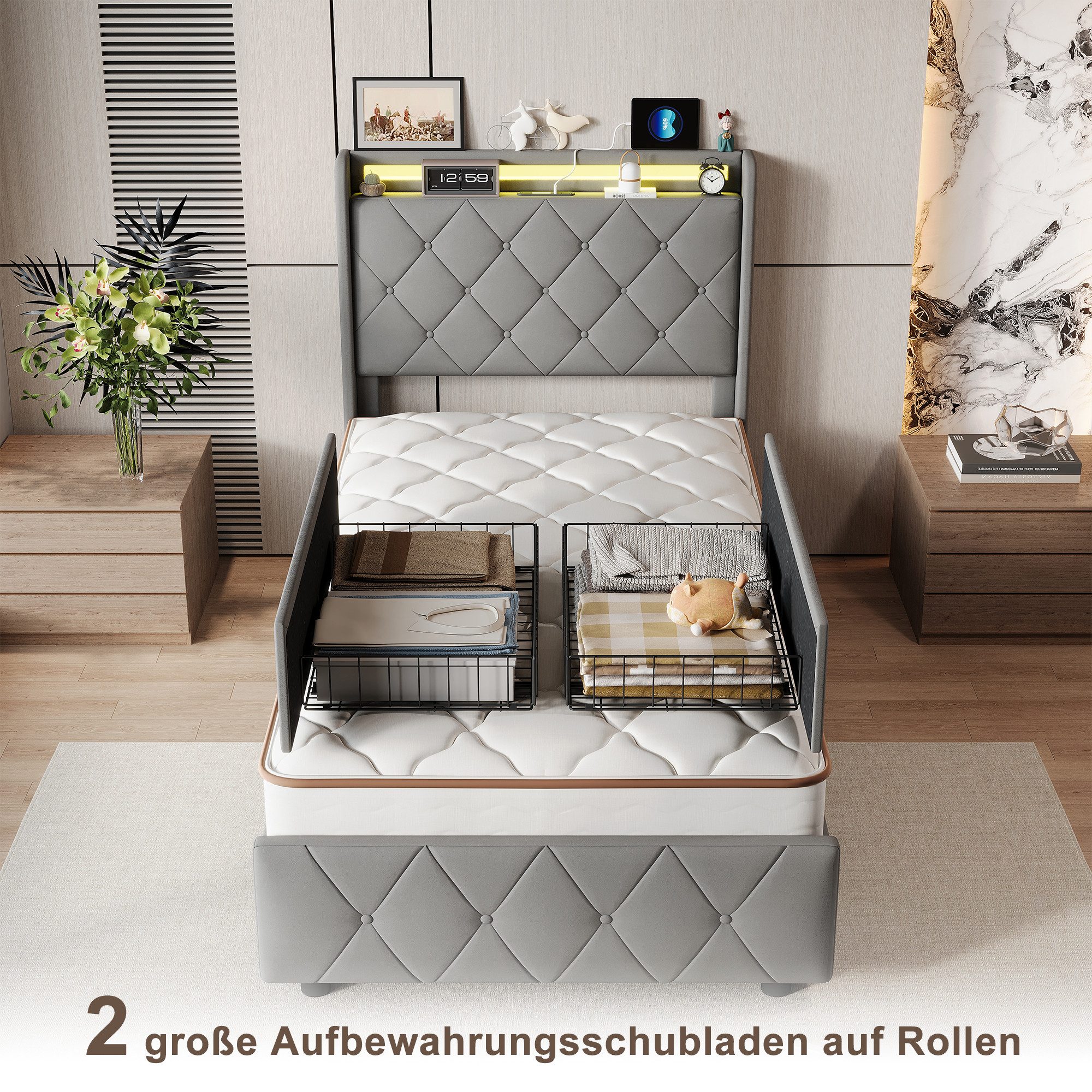 PXloue Polsterbett Led Doppelbett (1-tlg., Modernes Jugendbett, Leises Design Bett, Samtmaterial Polsterbett), Mit LED-Beleuchtung und Ladefunktion, Belastbarke – Bild 3 von 5