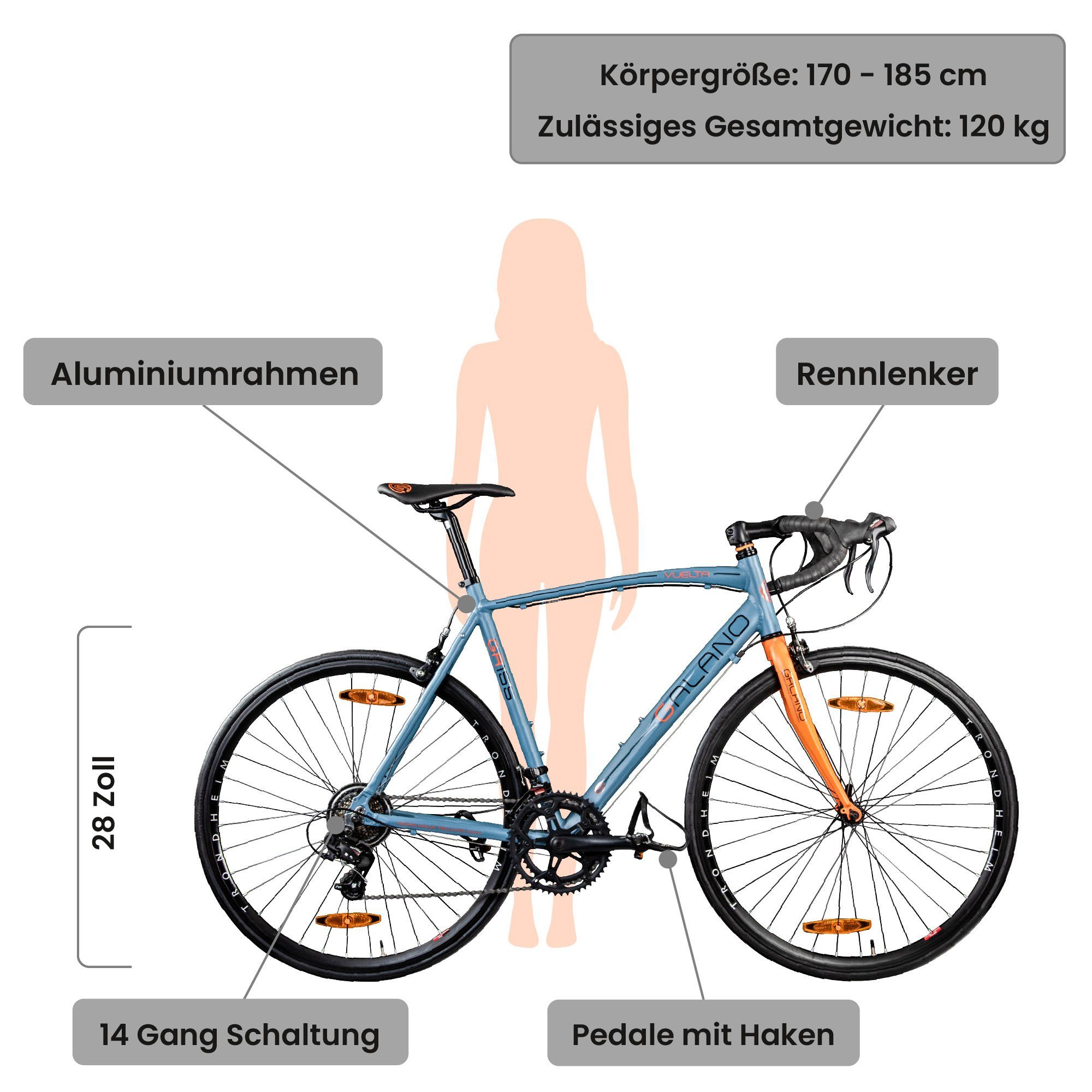 Galano Rennrad Vuelta STI, 14 Gang, Kettenschaltung, 28 Zoll für Damen und Herren 150 - 195 cm Fahrrad Road Bike Fitnessrad