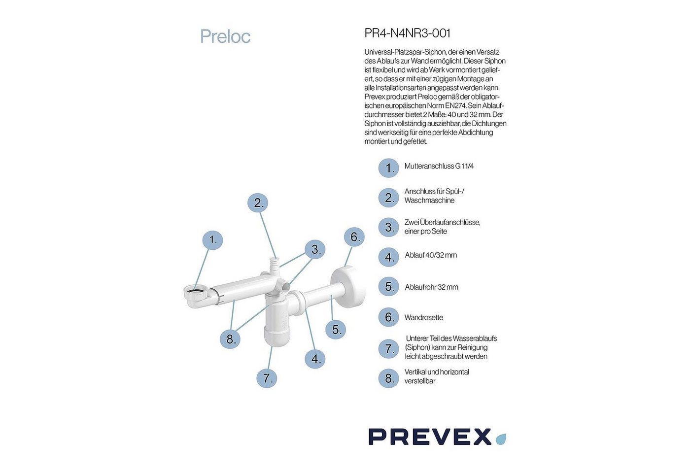 Thumbnail - Prevex Siphon PR4-N4NR3-001, (1-tlg), PREVEX Preloc Universal-Platzspar-Siphon für Badwaschbecken, aus