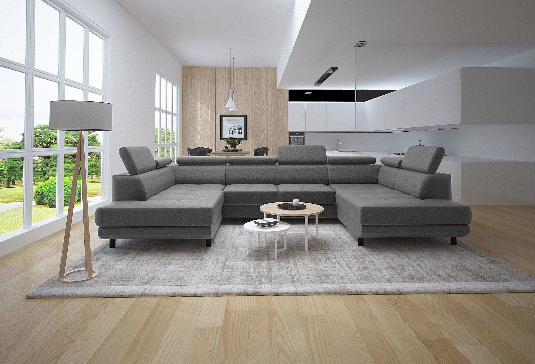 thematys Ecksofa LUNA U mit Schlaffunktion & Bettkasten – aus weichem Velours Stoff, mit verstellbaren Kopfstützen, – U-Form 325×183 cm – Schlafsofa mit Auszug