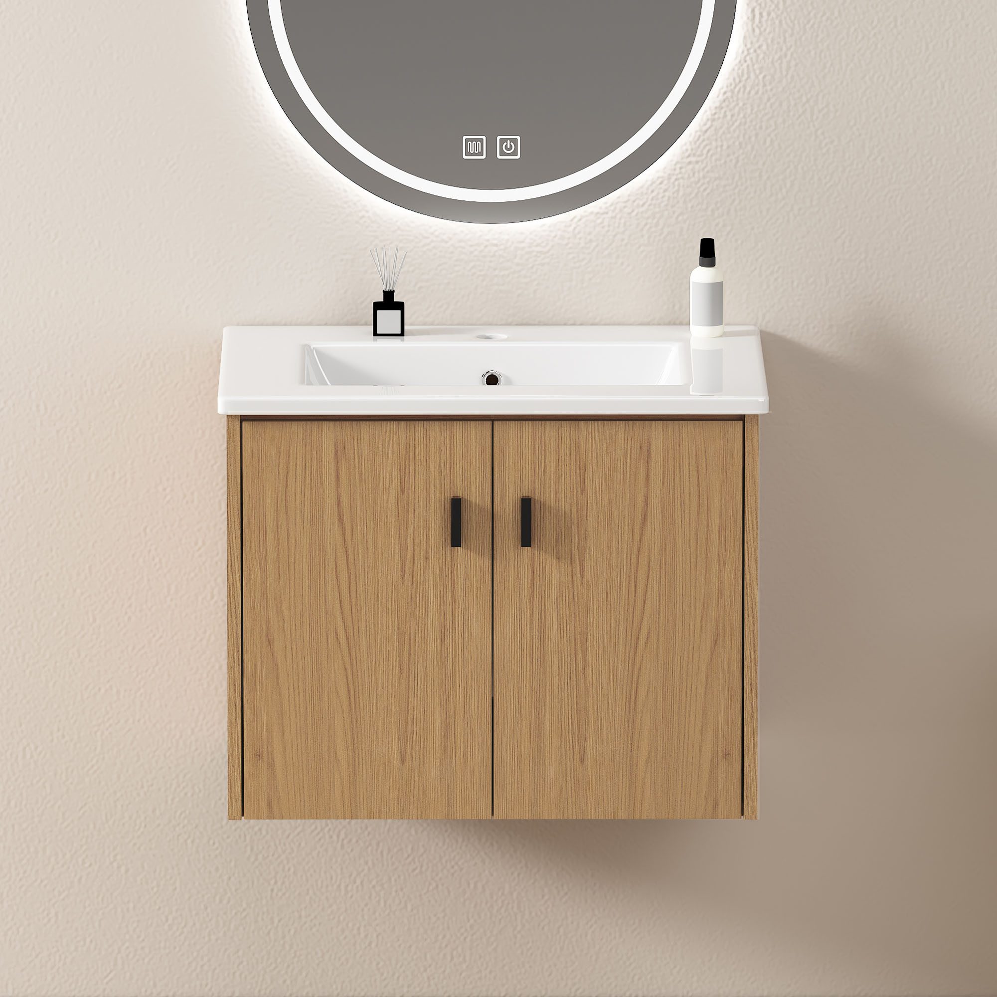 KLAM HOME Waschtisch 60cm Badezimmerschrank mit Weichschloss-Türen (Feuchtigkeitsbeständiger Badschrank aus MDF & Keramik), Moderner Holzschrank mit großem Stauraum, pflegeleicht