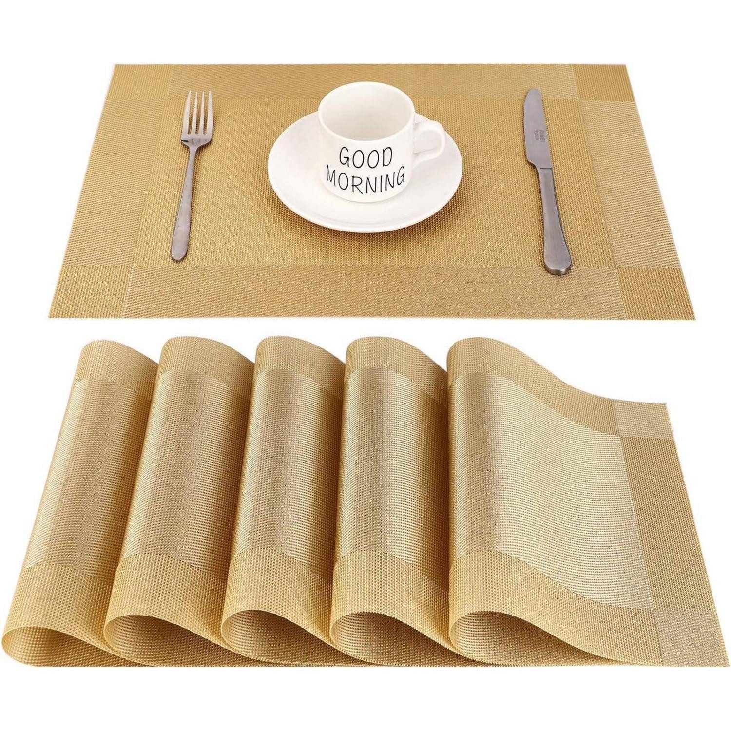 LuxusKollektion Platzset Tischset abwaschbar PVC rutschfest B-gold 6er Set Platzsets