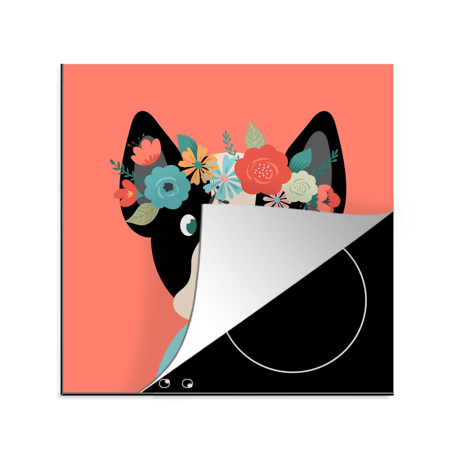 MuchoWow Herdblende-/Abdeckplatte Hund - Blumen - Rosa, Vinyl, (1 tlg), 78x78 cm, Ceranfeldabdeckung, Arbeitsplatte für küche | Herdabdeckplatten