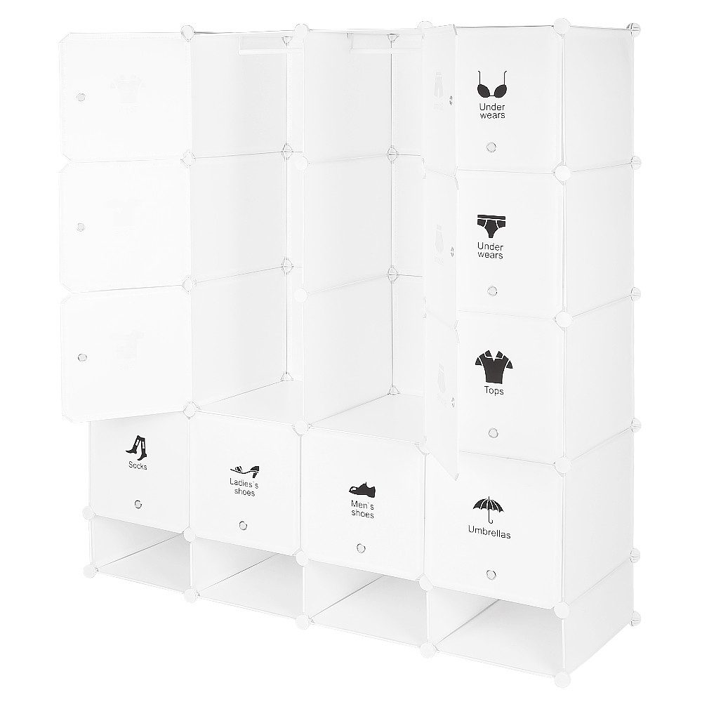 JEOBEST Kleiderschrank Tragbarer Regalsystem Schlafzimmerschrank, Schuhregal 20 Würfel Schrank aus Kunststoff mit 2 Kleiderstange Weiss – Bild 3 von 5