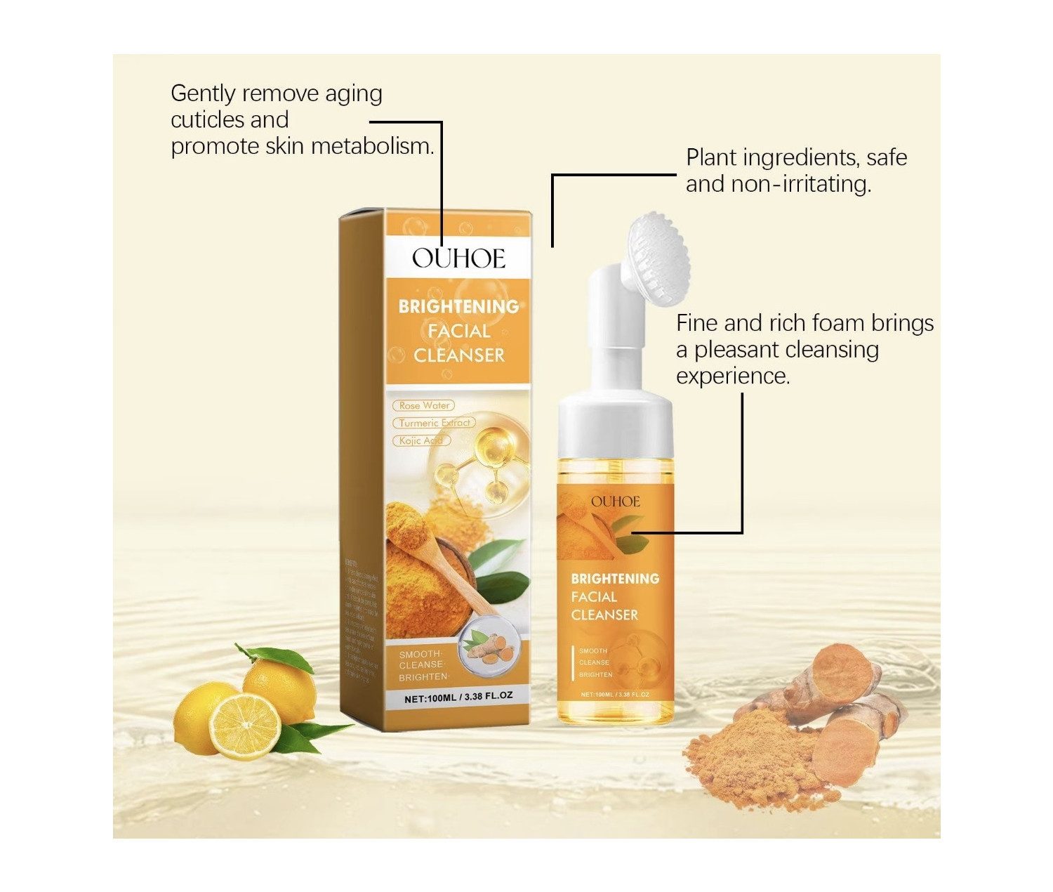 OUHOE Gesichtspflege Brightening Facial Cleanser – Strahlende Haut bei jeder Reinigung ein aufhellender Gesichtsreiniger zur täglichen Hautpflege, Mit Kojisäure und Kurkuma-Extrakt