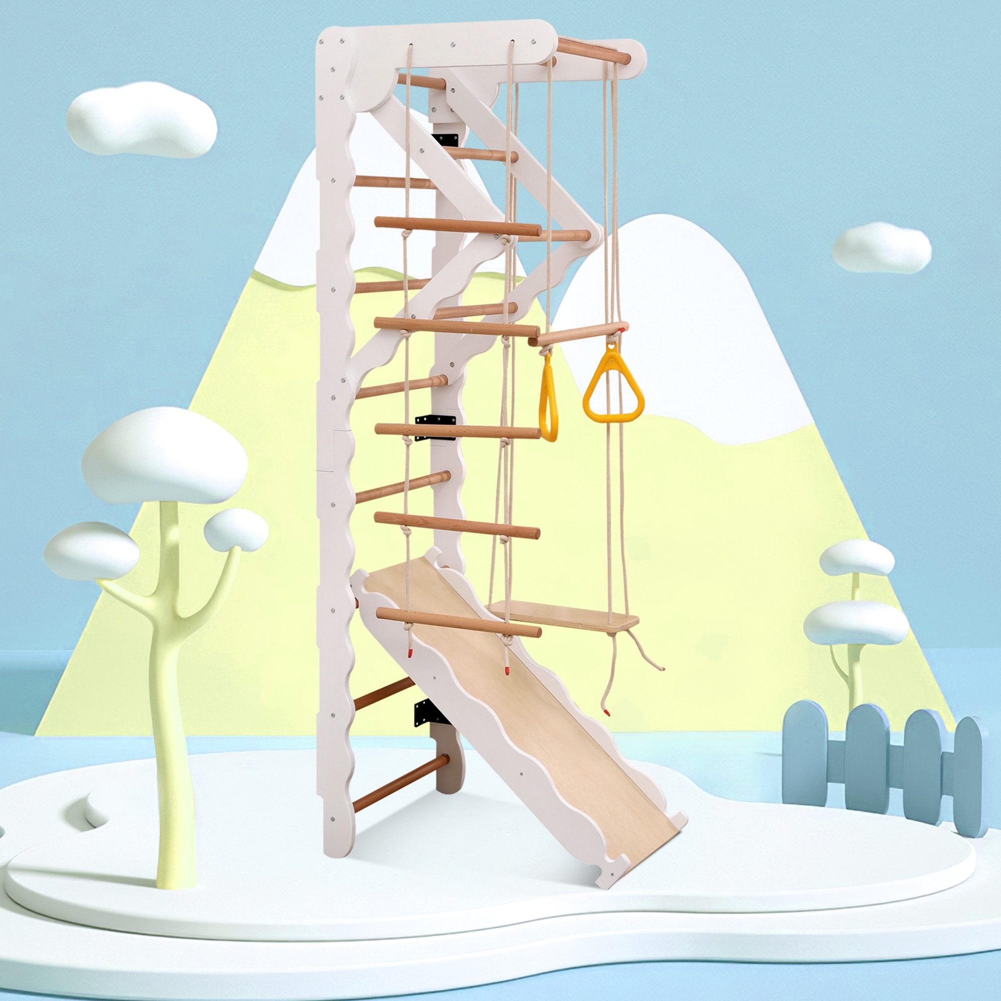 REDOM Klettergerüst 6-in-1 Multifunktionales Klettergerüst aus Holz für Kinder, (Sprossenwand, 1-St., 199x60x60 cm), mit Rutsche, Schaukel, Sprossenwand, Krabbelleiter