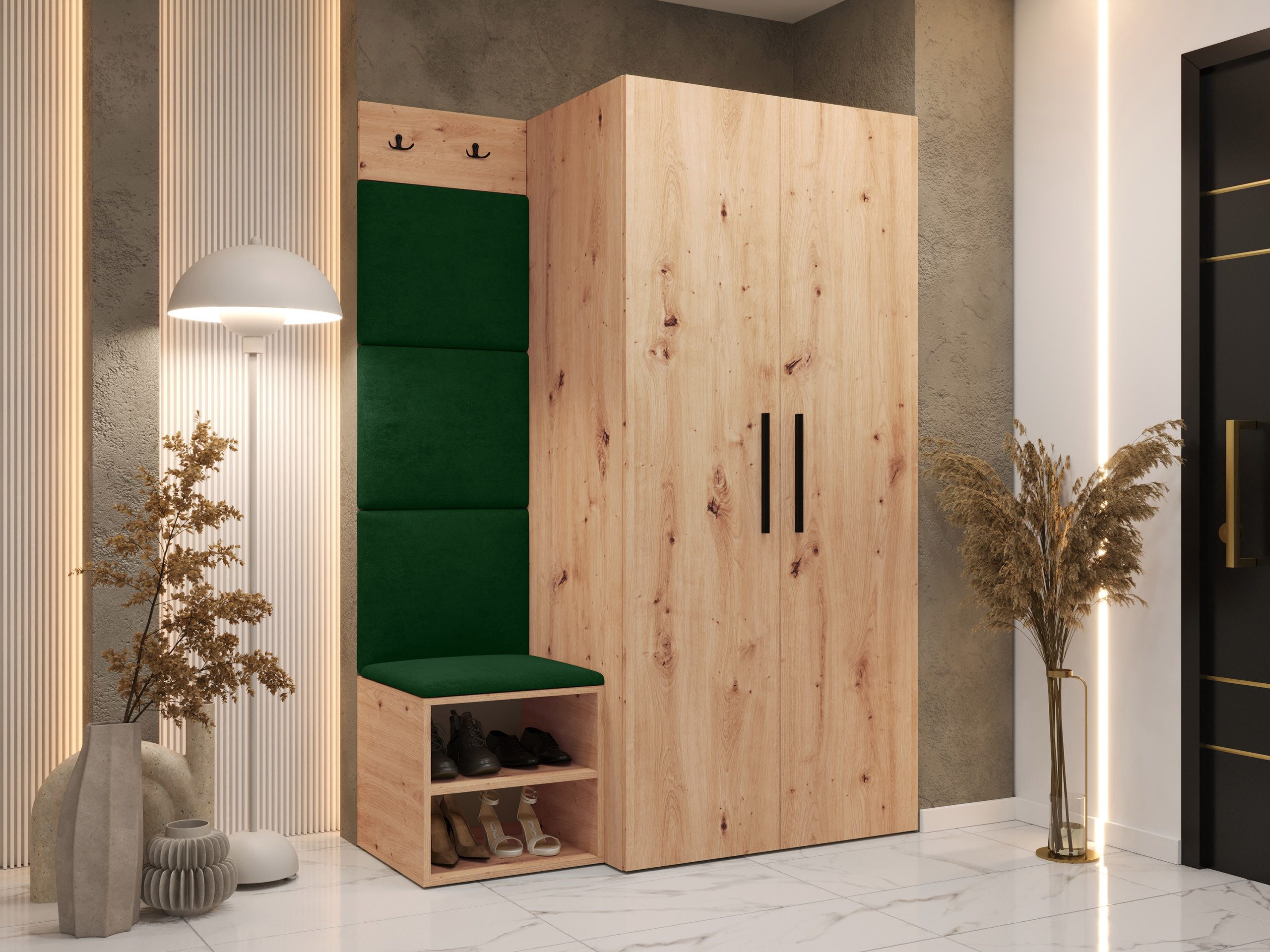 MIRJAN24 Garderoben-Set Medi IV, (Drehtürenschrank, Schuhschrank, 4x Paneel 42x42), 2 Kleiderhaken für Kleidung