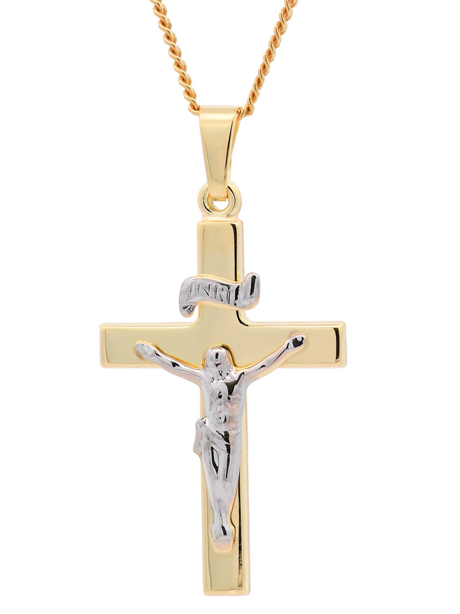 Kreuzanhänger Anhänger Kreuz Korpus 333 Gold mit vergoldeter Silberkette 36 cm