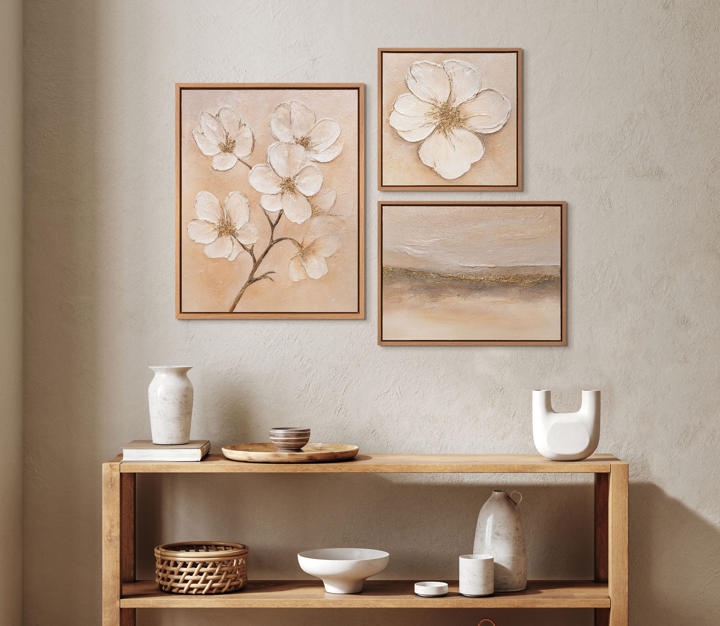 YS-Art Gemälde "Atem des Frühlings", Blumen (Set, 3 St), Wandbilder Set Natur Beige – Leinwandbilder Set Modern mit Blumen