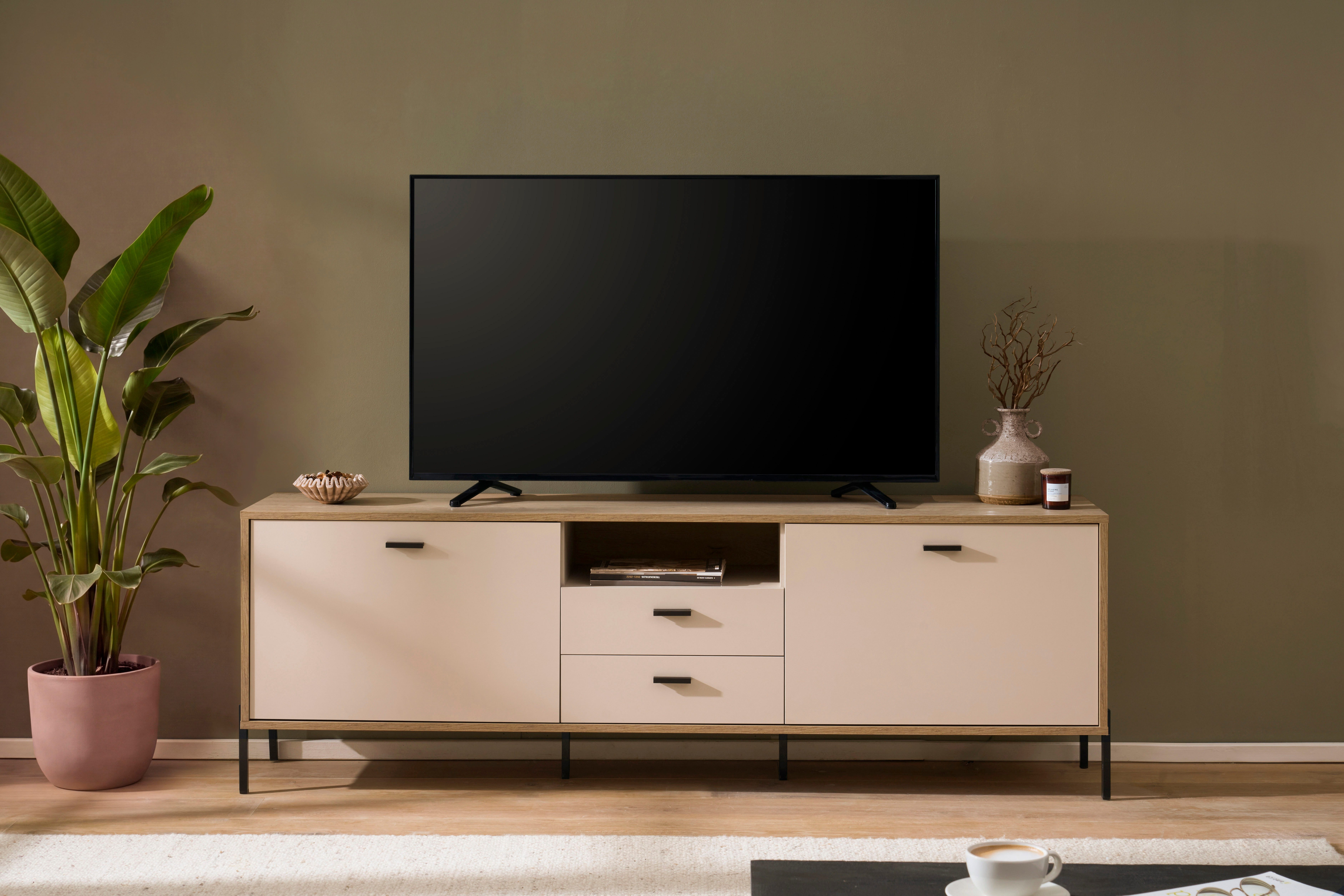 Home affaire Lowboard Fredericia, TV-Schrank in Kaschmir, moderner TV-Unterschrank, Kommode, zeitlos, schwarze Metallgriffe und -füße, ausreichend Stauraum