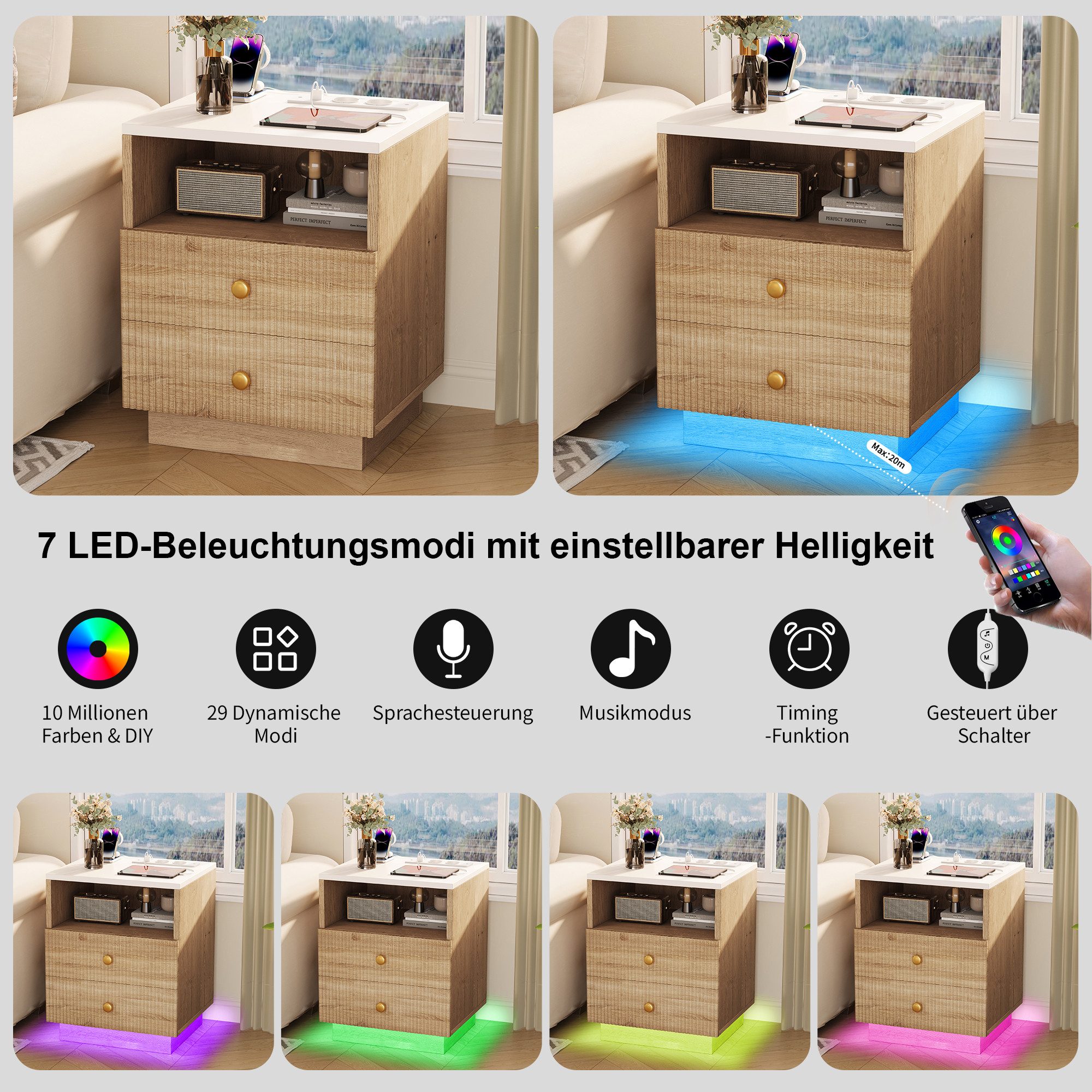 ADWOLT Nachttisch Nachtschrank mit 2 Schubladen (Set, 1-St., 2er Set), Beistelltisch mit Ladestation und LED Offenes Fach – Bild 4 von 5