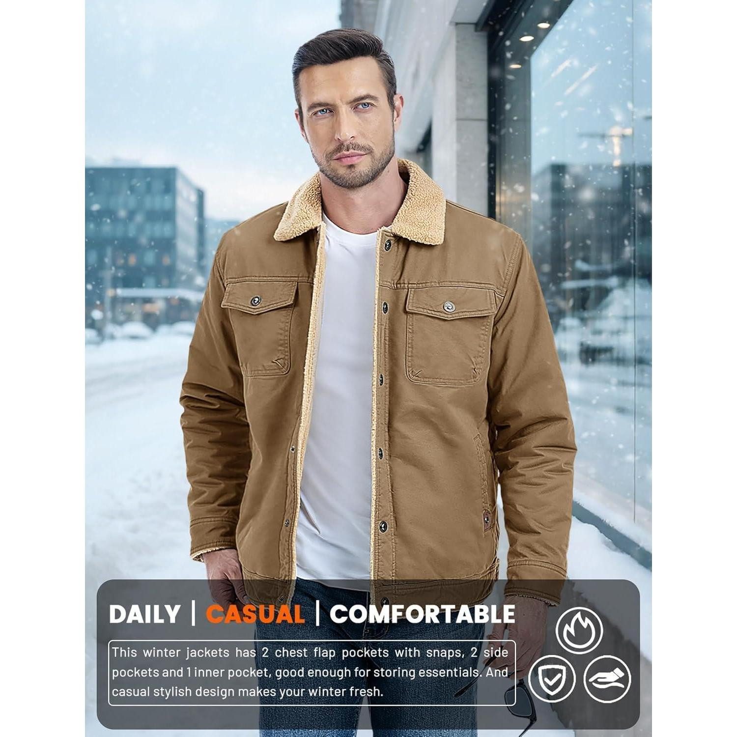 LuxusKollektion Winterjacke Winterjacke Herren Fleece Cargo Militär Stehkragen Taschen M Khaki – Bild 4 von 5