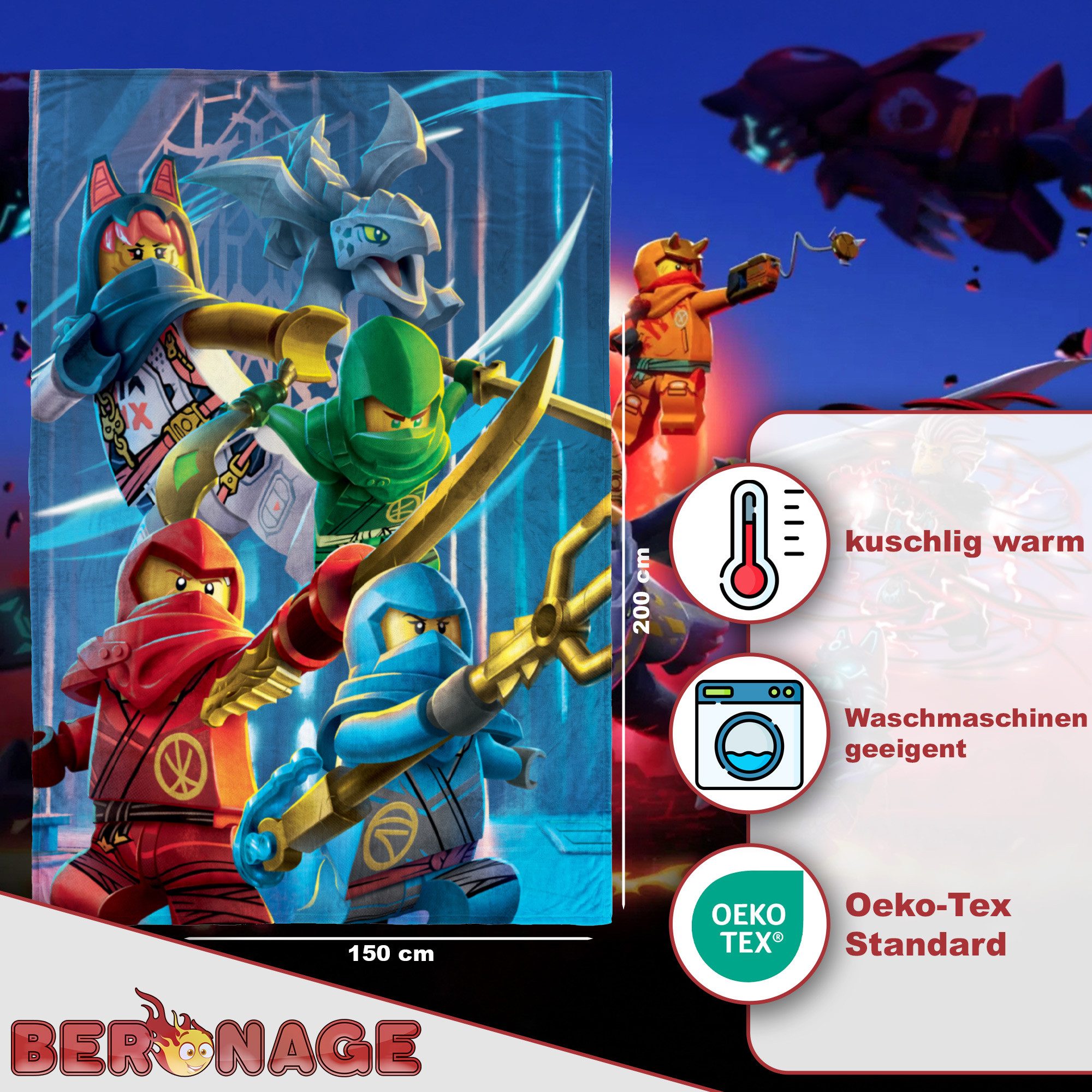 BERONAGE Tagesdecke LEGO Ninjago Kuscheldecke Templefall 150x200 cm Decke , passend zur Bettwäsche, ideal für Sofa, Couch, Bett, Auto, Camping – Bild 2 von 5