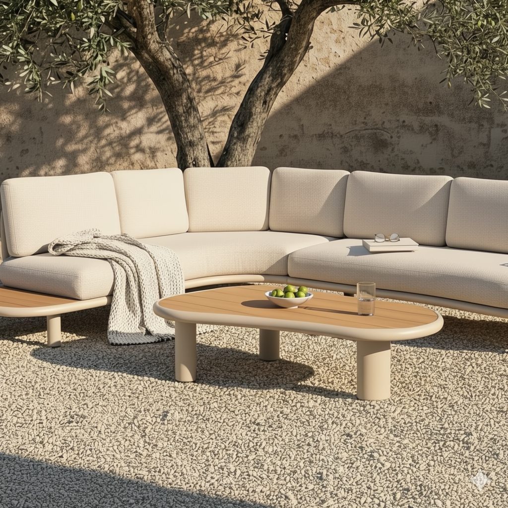 CASA DOMA Gartenlounge-Set Montella, Outdoor-Lounge mit Teakholz, Organic Design, (Loungegruppe, 4-tlg., Bouclé-Polster aus Olefin-Stoff), inkl. Loungetisch & Beistelltisch