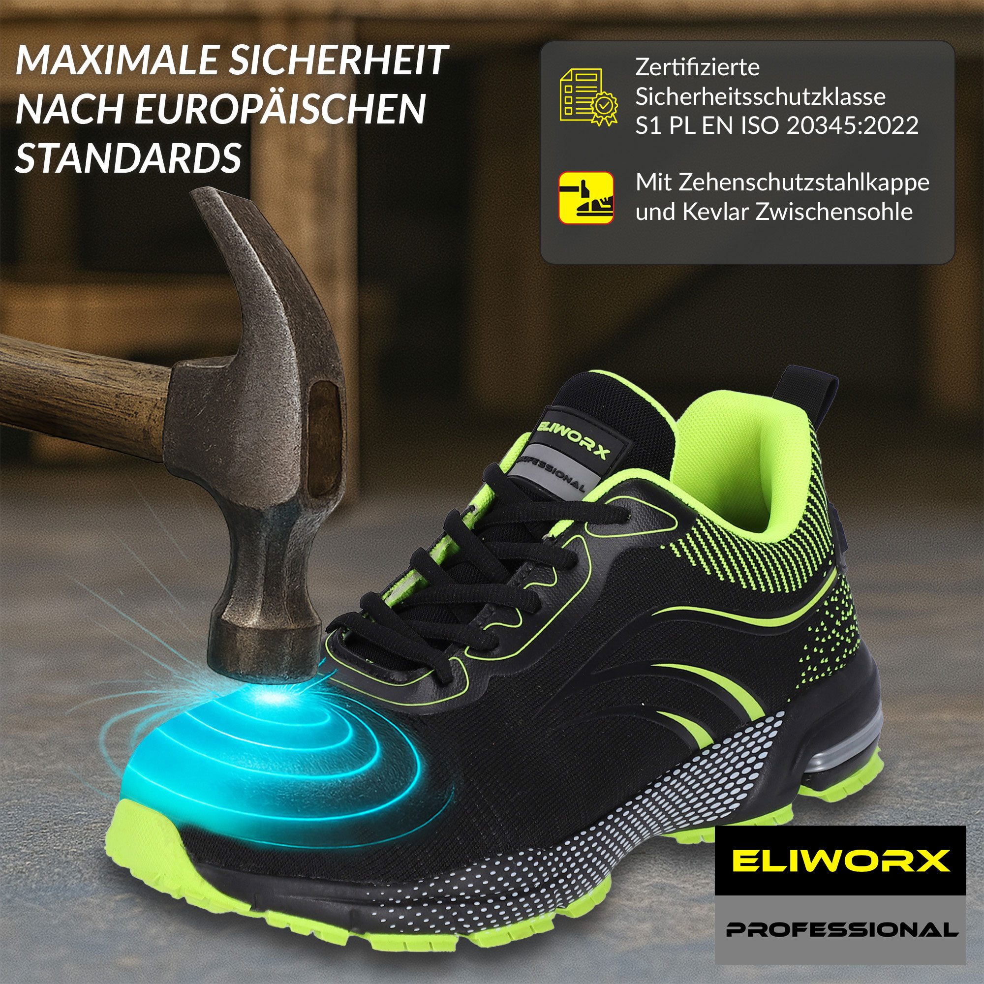 ELIWORX S1 PL Schuh mit Stahlkappe, Atmungsaktives Mesh - Arbeitsschuhe Herren Sicherheitsschuh Durchtrittsichere Zwischensohle aus Kevlar, besonders rutschhemmend