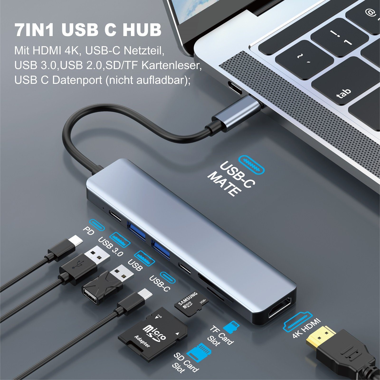 neue dawn Laptop-Dockingstation 7 Port USB C Hub 4K HDMI 85W PD für Macbook iPhone Samsung iPad, (85W Schnellaufladung)