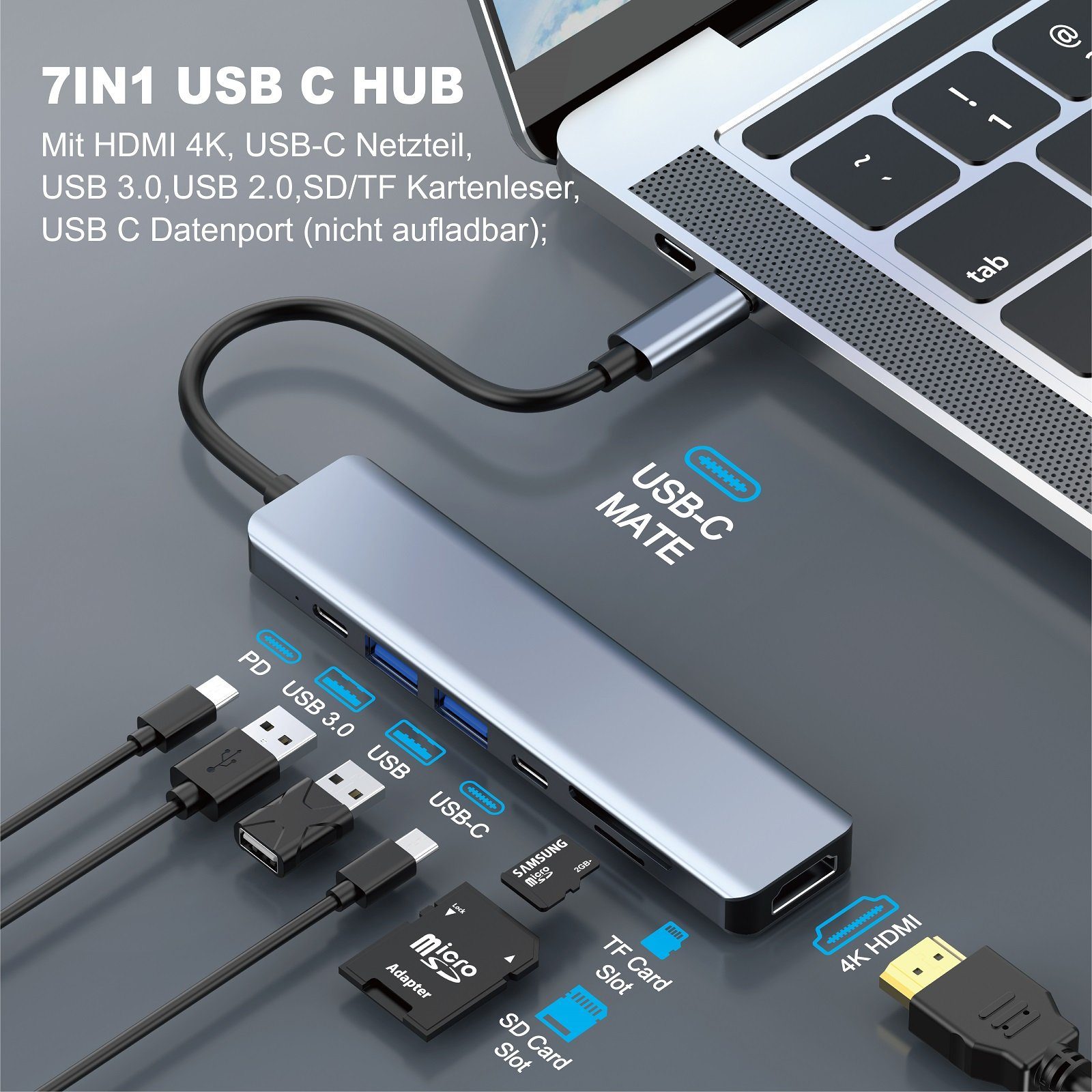 neue dawn »7 in 1 USB C Hub Adapter für iMac 2021 mit 4K HDMI« USB-Adapter,  Für MacBook Pro/Air 2020/2019, ThinkPad X1 Carbon Asus Deluxe 3/3 pro