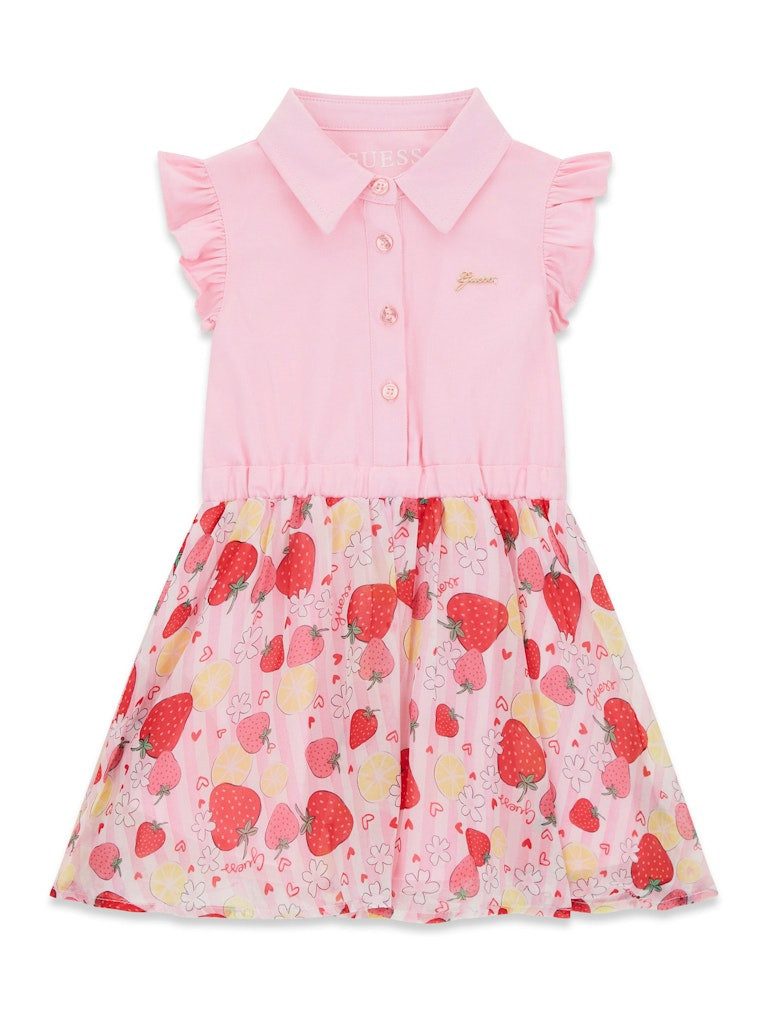 Guess Kids Sommerkleid Mädchen Kleid rosa mit Erdbeerprint und Rüschen aus Baumwolle