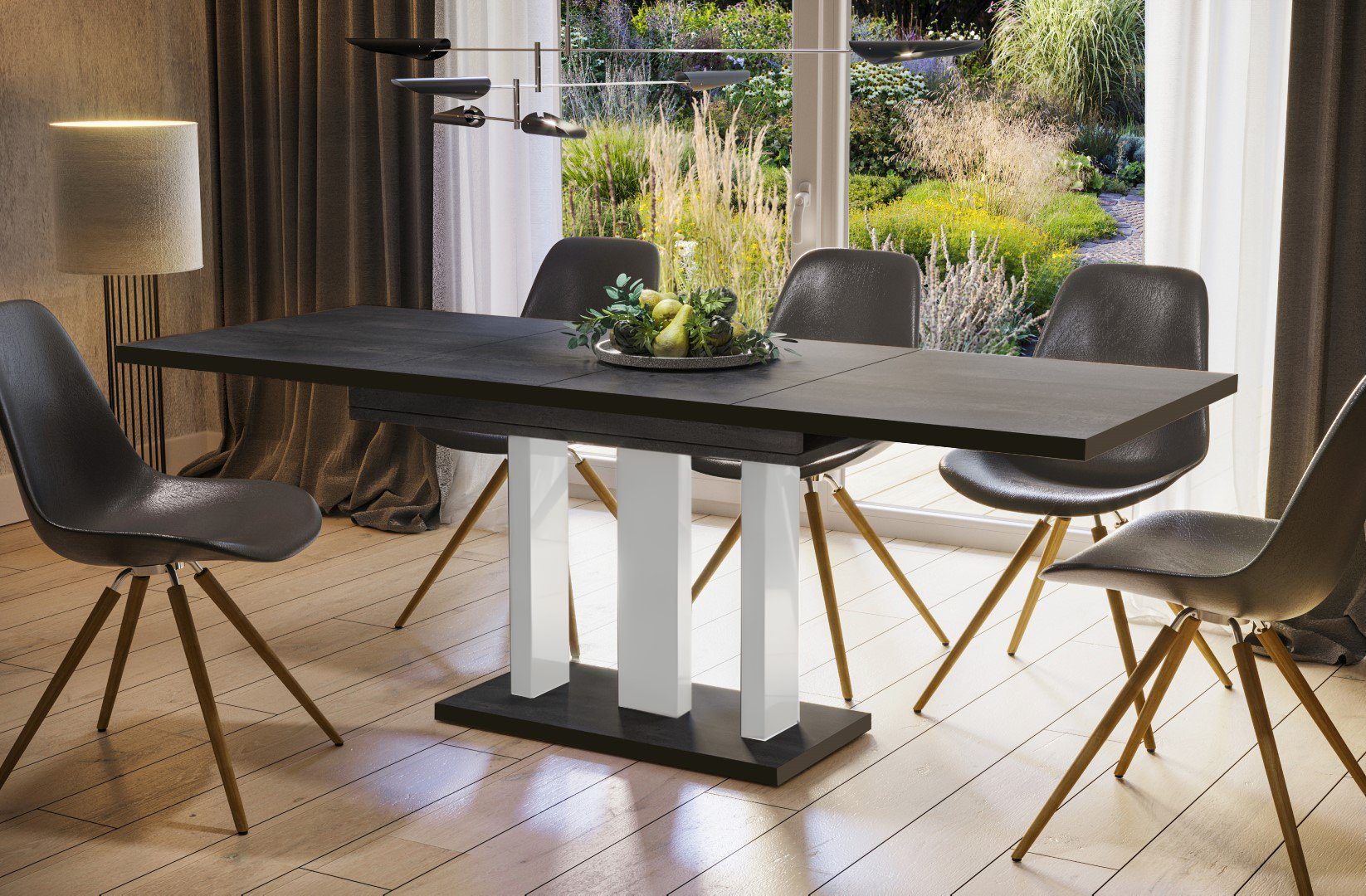 Endo-Moebel Säulen-Esstisch "Appia White Special" 130-210cm ausziehbar erweiterbar, Weiss Hochglanz Beine, Küchentisch, modern