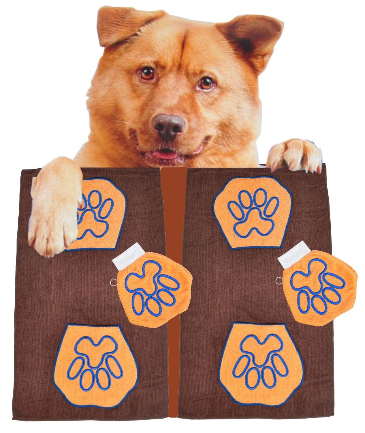 BURI Putzhandschuh 2x Hundepflegeset aus Microfaser mit Hundehandtuch + Waschhandschuh wa