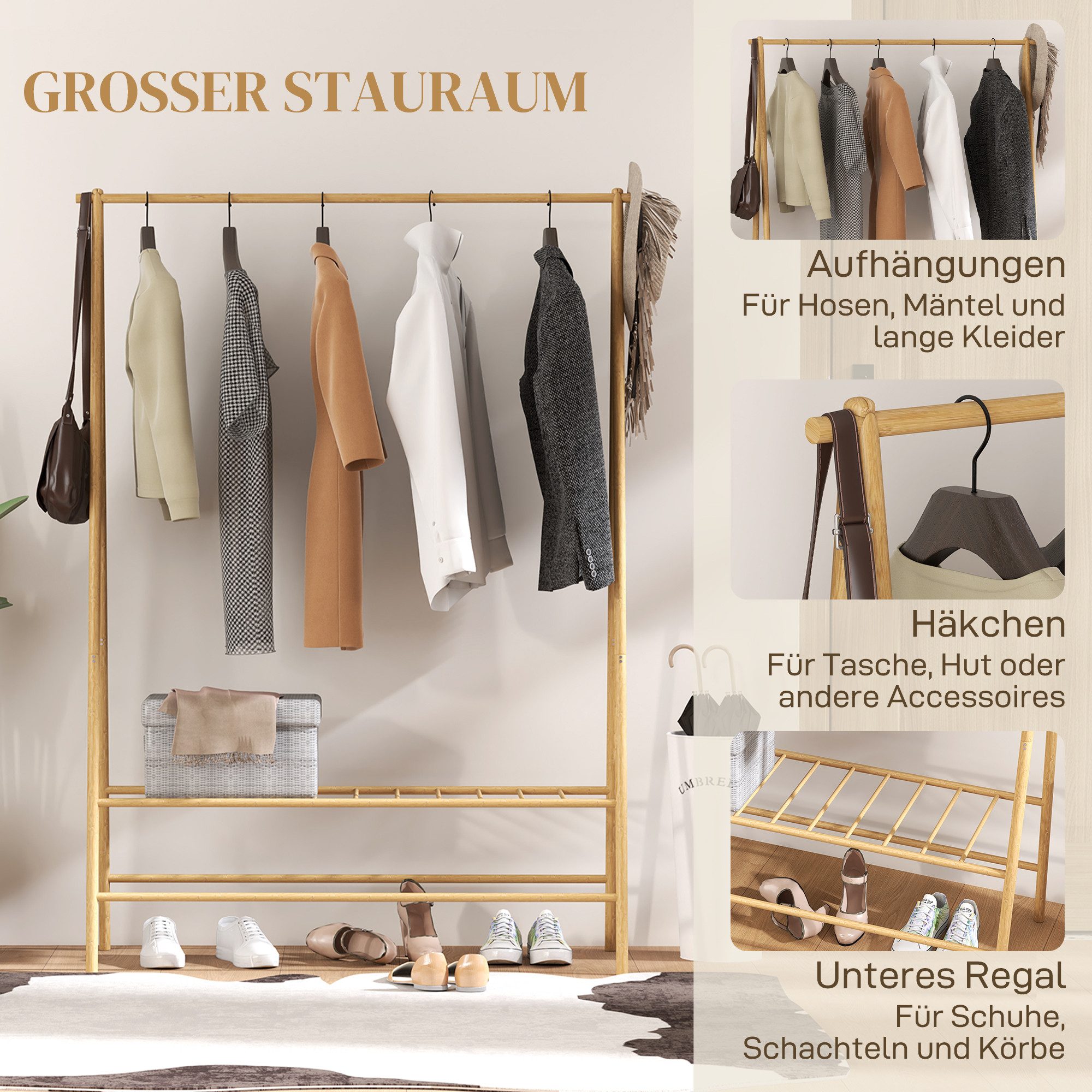 HOMCOM Garderobenständer Bambus, mit Ablagen und Haken, Kleiderstange, (Kleiderbügel, 1 St., Kleiderständer), für Flur, Wohnzimmer Schlafzimmer, 116 x 43,5 x 160 cm, Naturholz