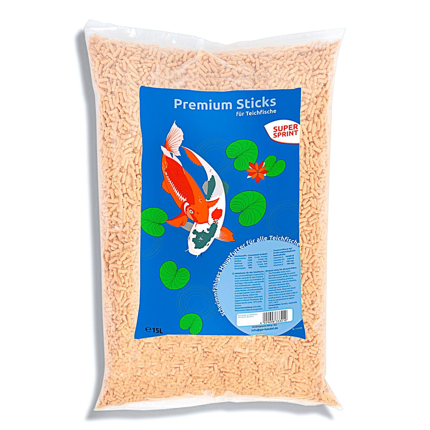 Fisch-Futterspender Premium Sticks für Teichfische 15L Fischsticks Hauptfutter Fischfutter