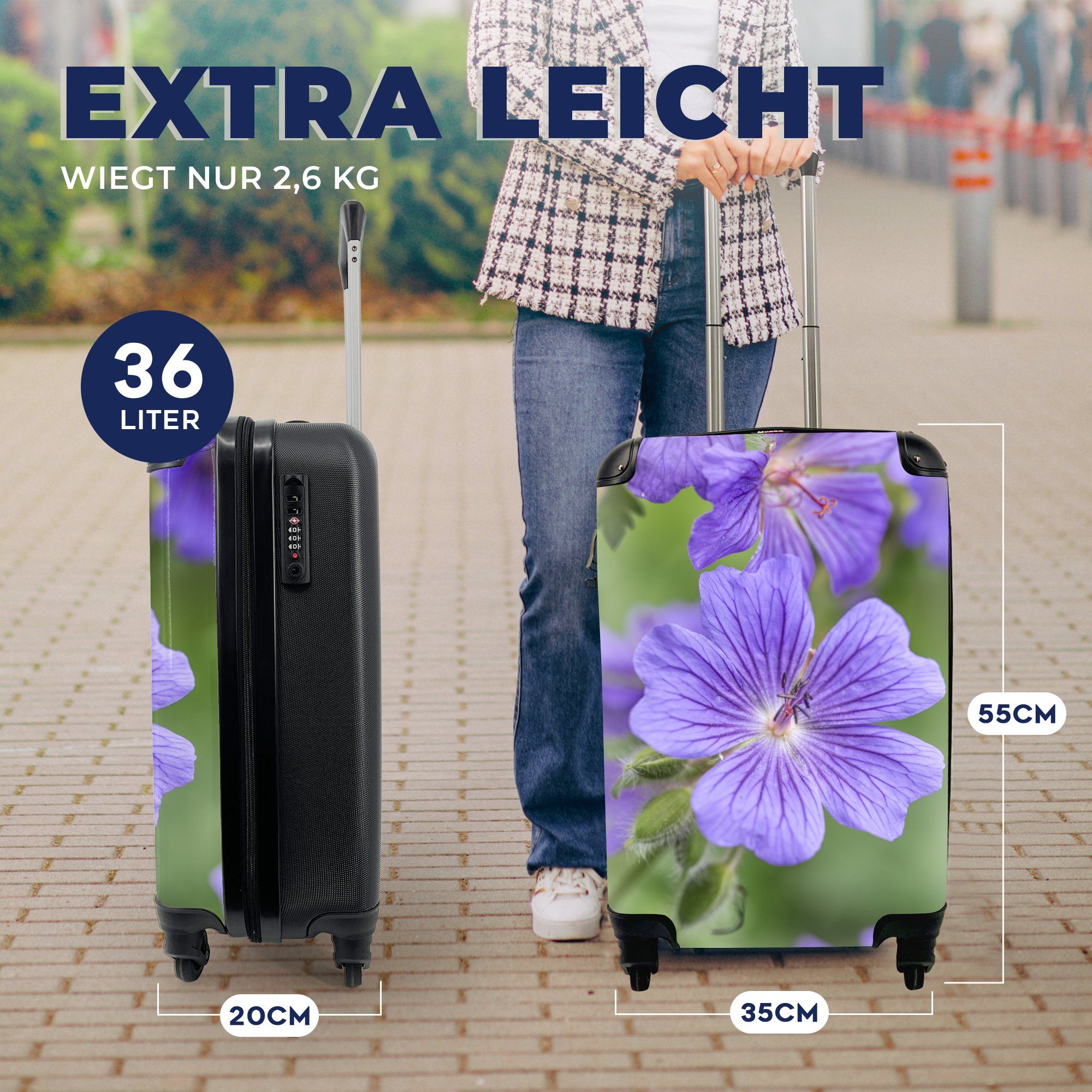 MuchoWow Handgepäckkoffer Violette Geranien in Reisekoffer 4 Blüte, Ferien, voller für rollen, Reisetasche mit Handgepäck Trolley, Rollen