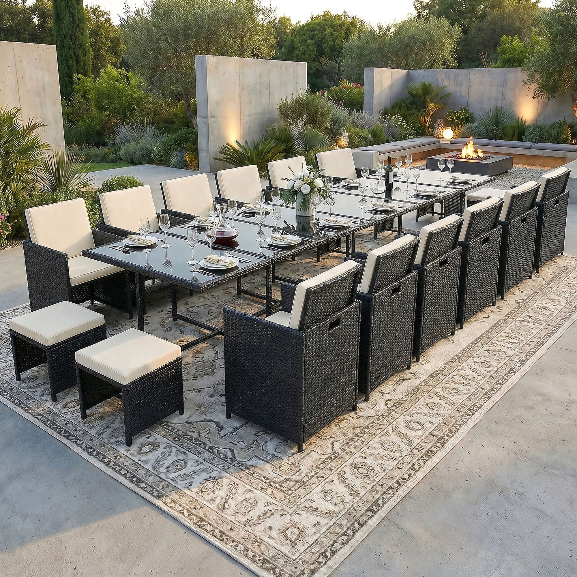 Swing&Harmonie Garten-Essgruppe Poly Rattan Sitzgruppe Esstisch Lounge Gartenmöbel, (Sitzgarnitur, Tisch, Stühle, Hocker Garnitur Set)