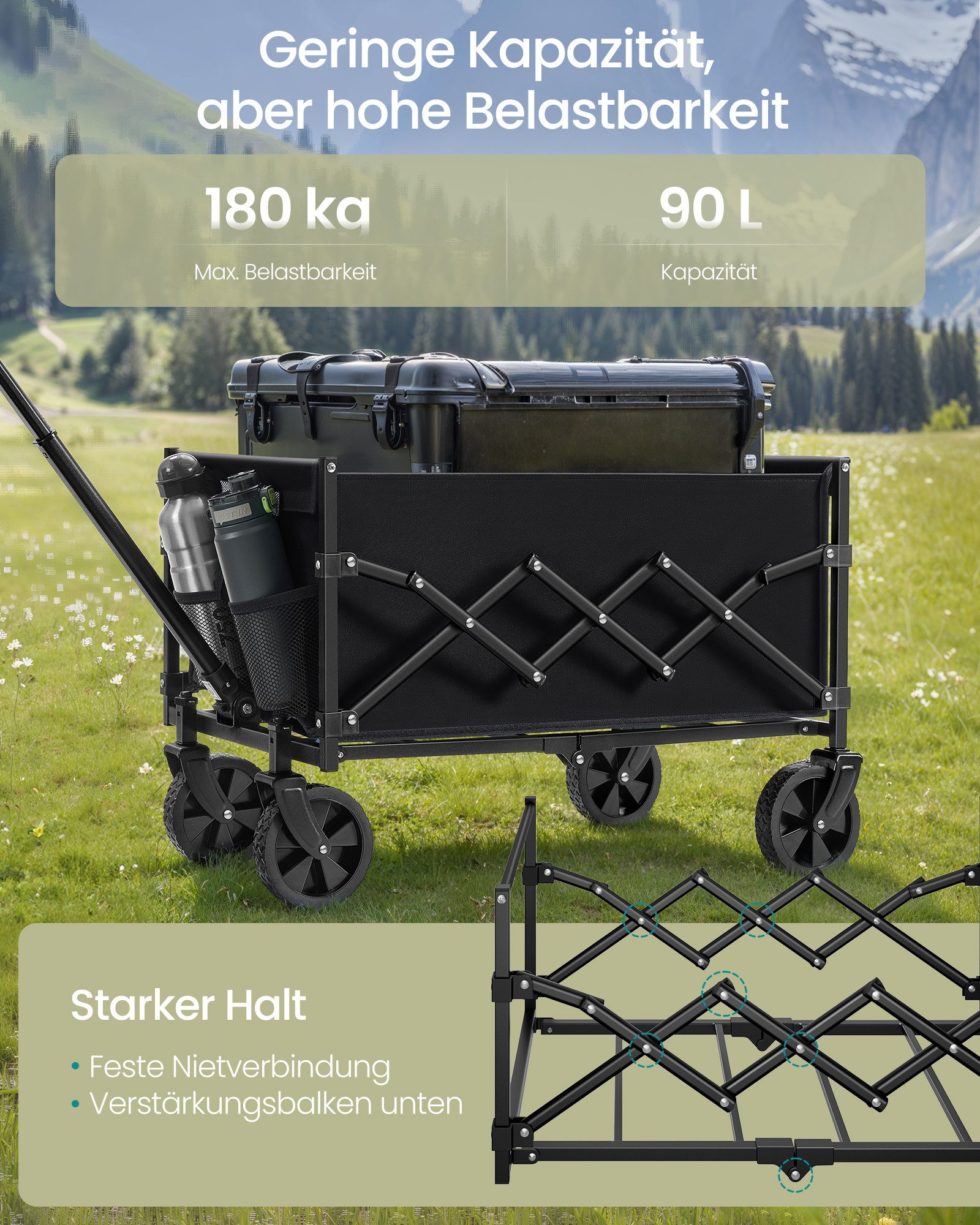 SONGMICS Handwagen altbarer Handwagen/Bollerwagen, Gartenwagen mit Griff, 4 verstärkte Rollen, davon 2 Universalräder, bis 150/180 kg belastbar