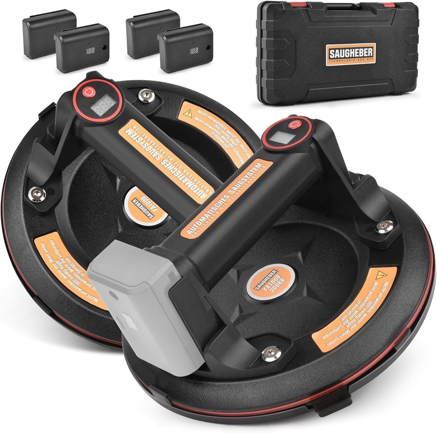 XERSEK Saugheber 2X Elektrischer Glasheber mit 4 Akku Vakuumheber 8" Vakuum Saugnapf, max. 300,00 kg Traglast, Fliesenheber Glassauger Saughalter Plattenheber, -], für Laminat Fliesen Glasscheiben Marmor