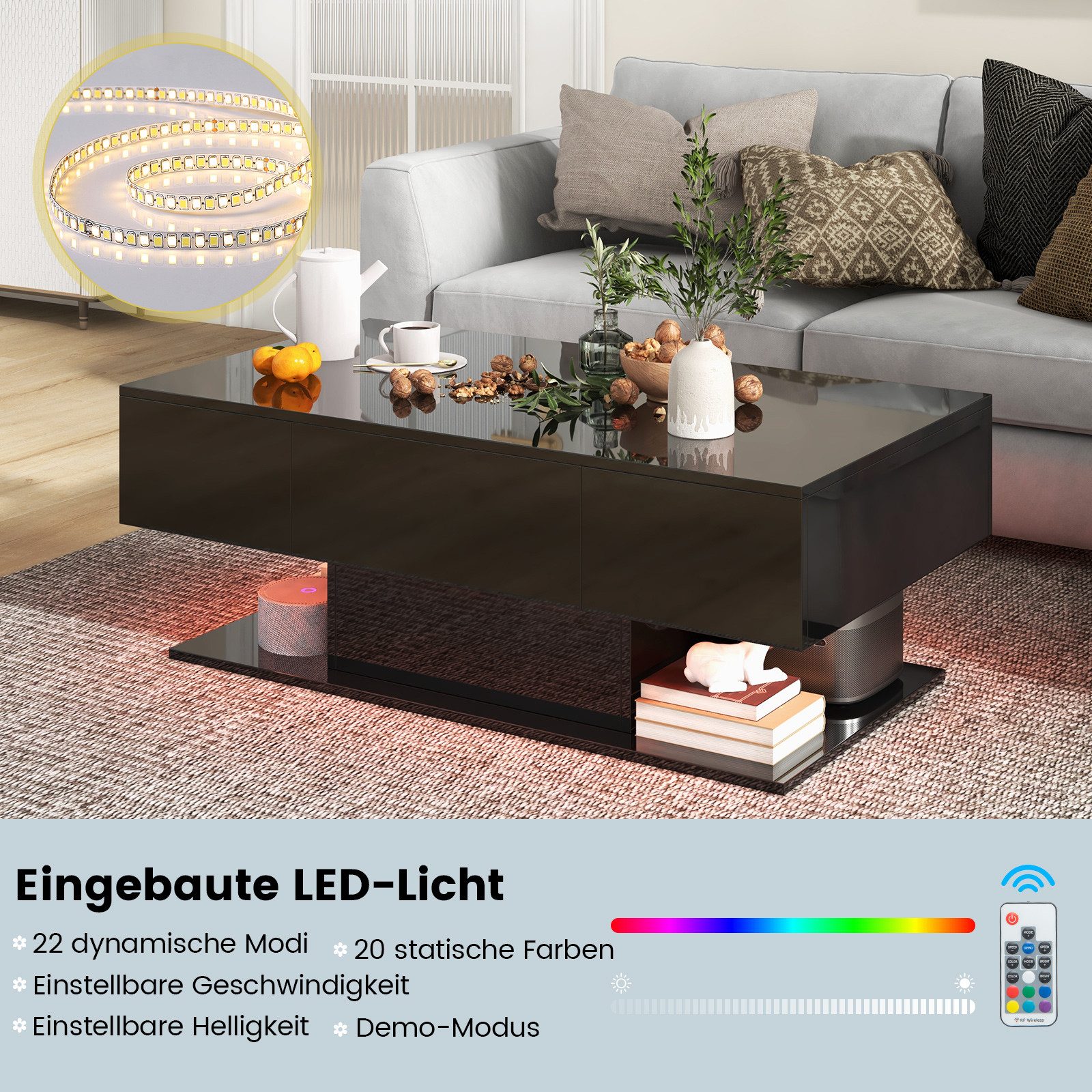 COSTWAY Couchtisch, LED, Hochglanz, 20 Farbeneinstellbar mit Stauraum schwa günstig online kaufen