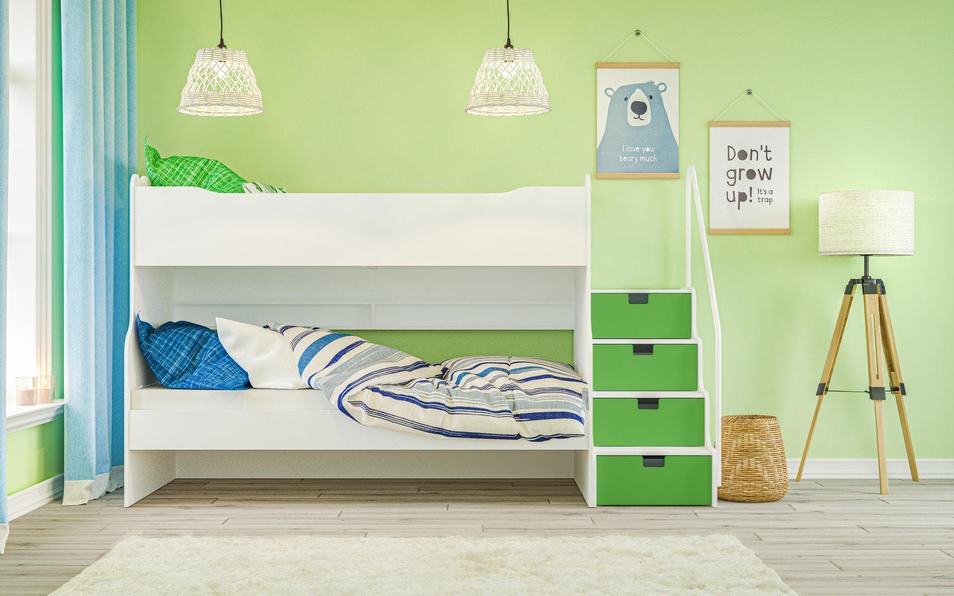 Möbel-Lux Kinderbett Max 4, Hochbett mit 2 Schlafplätzen inkl. Treppe