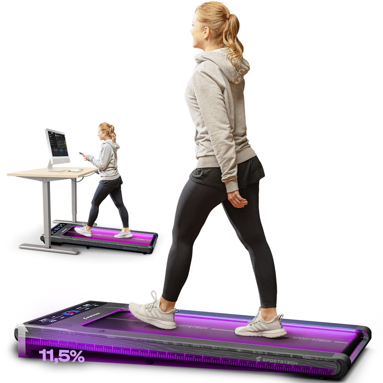 Sportstech Laufband sWalk, bis 8 km/h, Steigung 7,5%, Trainingsprogramme, LED Tempolicht