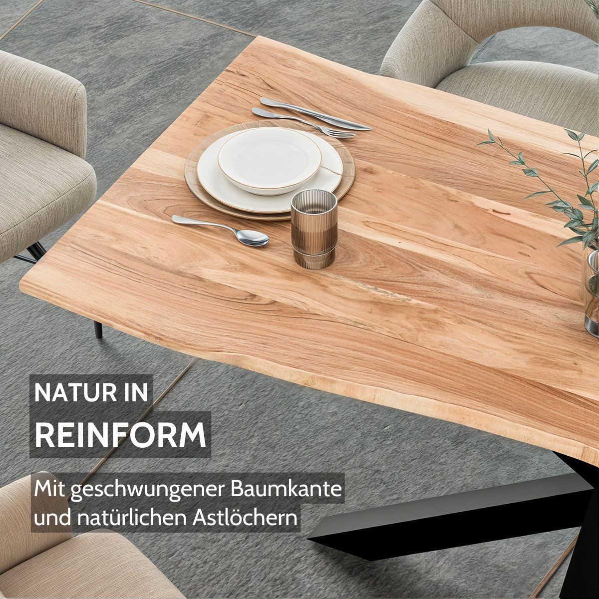 Liadomo Baumkantentisch Stella, Akazie Massivholz Tischplatte mit Spider-Gestell, sieben Größen