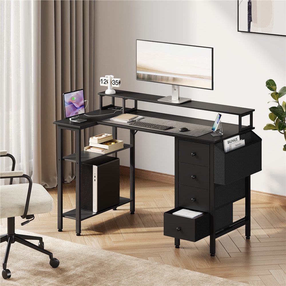 Yaheetech Schreibtisch L-förmiger Computertisch 120/140cm (B), mit Monitorhalterung & Steckdose & 4 Schubladen & Aufbewahrungstasche