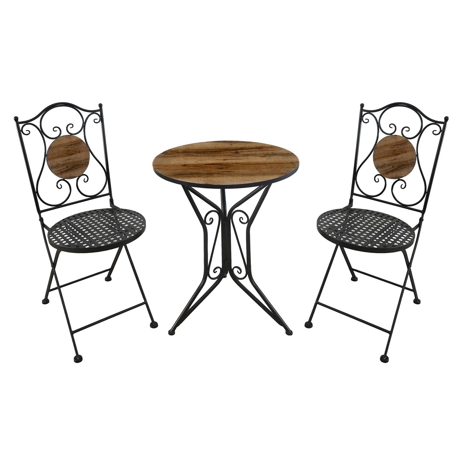 HTI-Living Garten-Essgruppe Sitzgruppe Metall Bistro Set mit Motiv Holz für Balkon und Terrasse, (Set, 3-tlg., 1 Tisch 2 Stühle), Sitzgruppe Essgruppe Balkonset