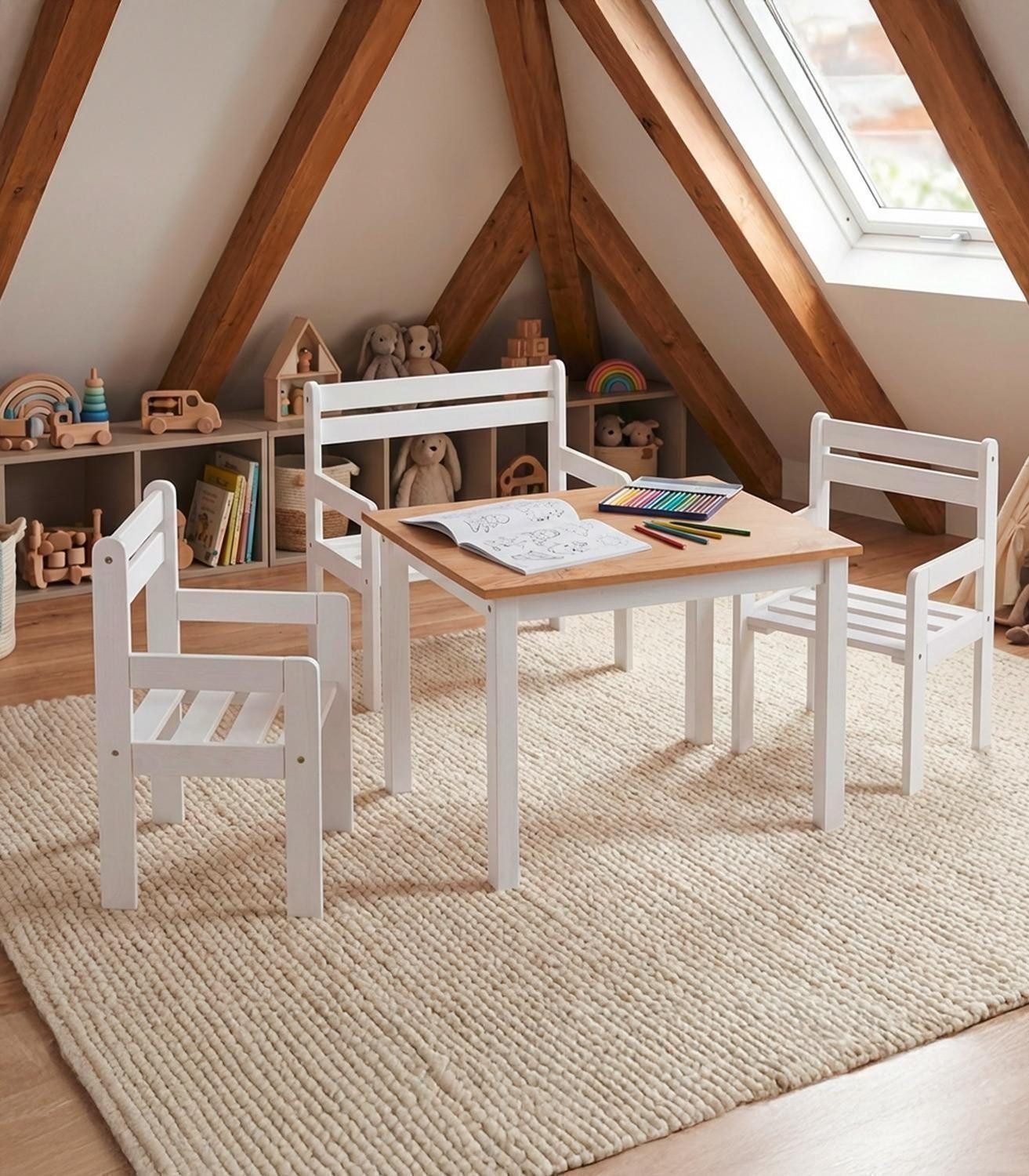 Home4You Kindersitzgruppe, Kiefernholz massiv, (4-tlg), mit 1 Tisch, 1 Sitzbank und 2 Stühlen