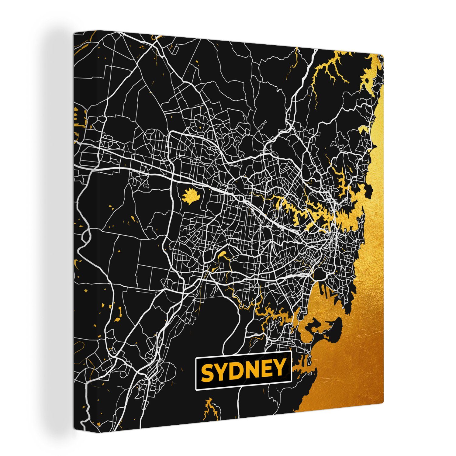 OneMillionCanvasses® Leinwandbild Sydney - Gold - Karte - Stadtplan, (1 St), Leinwand Bilder für Wohnzimmer Schlafzimmer