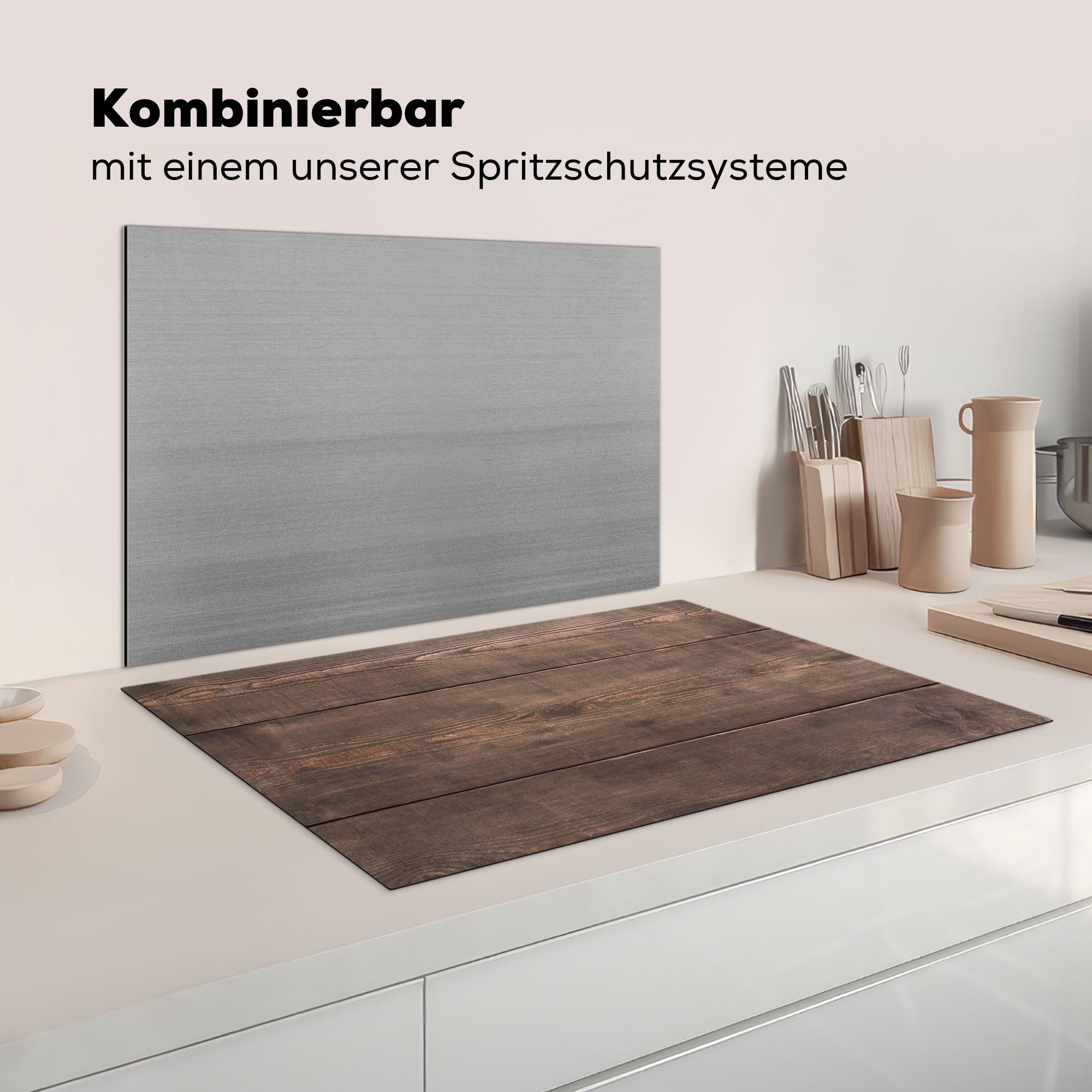 mit Holzstruktur, küche, einer für tlg), cm, Schutz Vinyl, Dielen die (1 Induktionskochfeld MuchoWow verwitterten 81x52 Herdblende-/Abdeckplatte Ceranfeldabdeckung